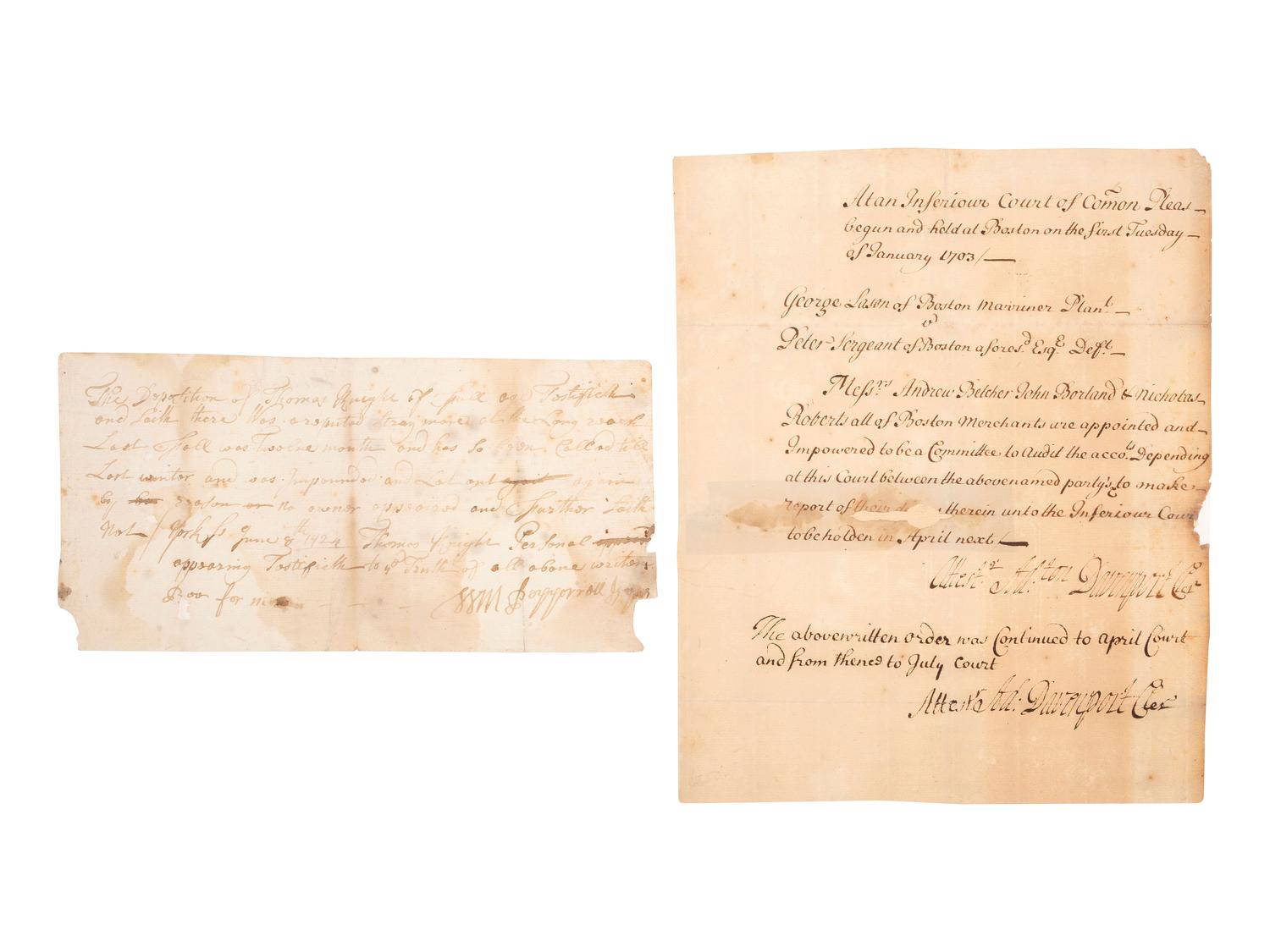 [COLONIAL AMERICA]. A group of 2 documents signed by prominent colonial figures.