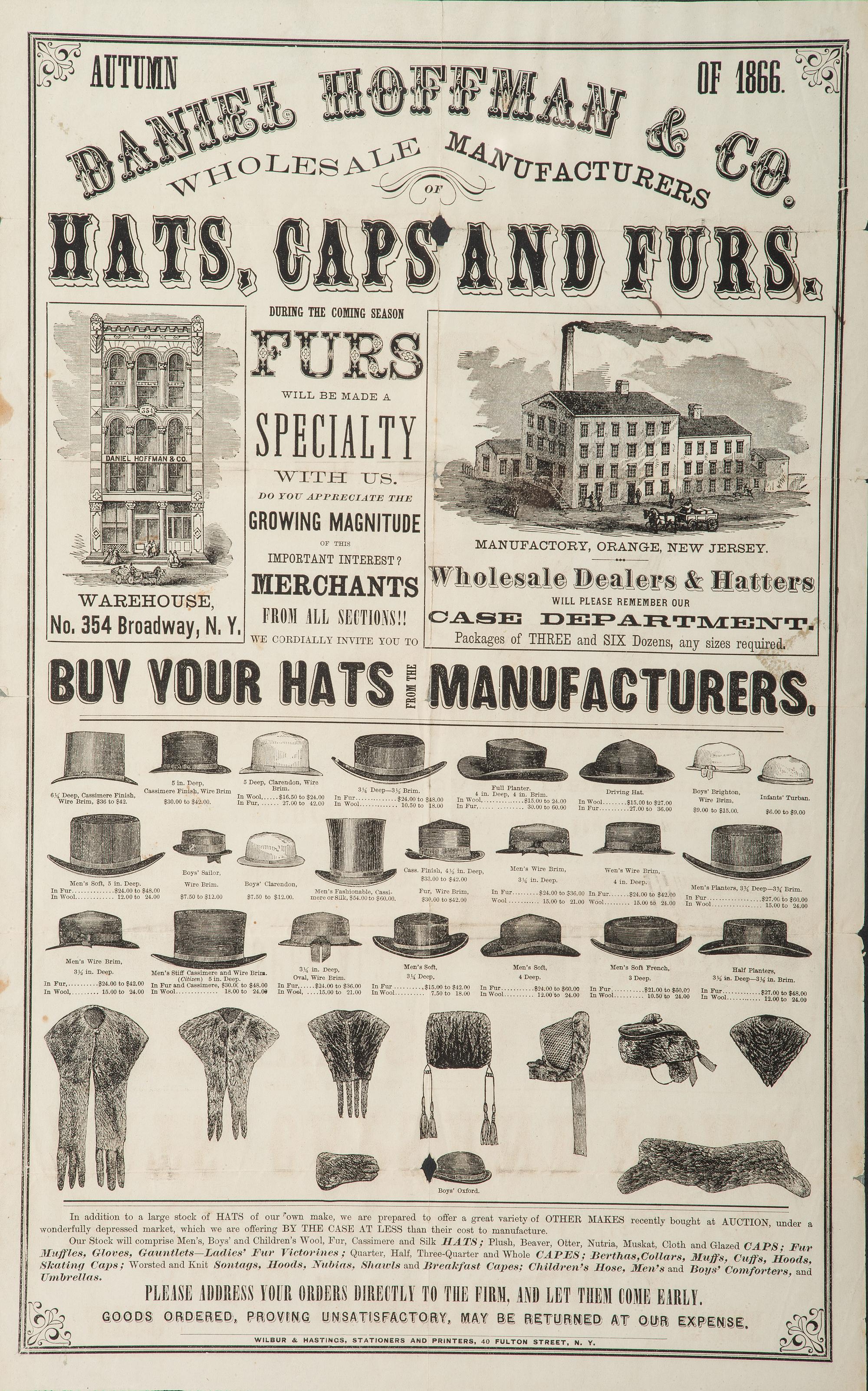 [ADVERTISING]. Daniel Hoffman & Co. Wholesale Manufacturers Hats, Caps and Furs. New York: Wilbur & Hastings, 1866.