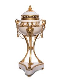 A Pair of Late Louis XVI Gilt Bronze Mounted White Marble Cassolettes