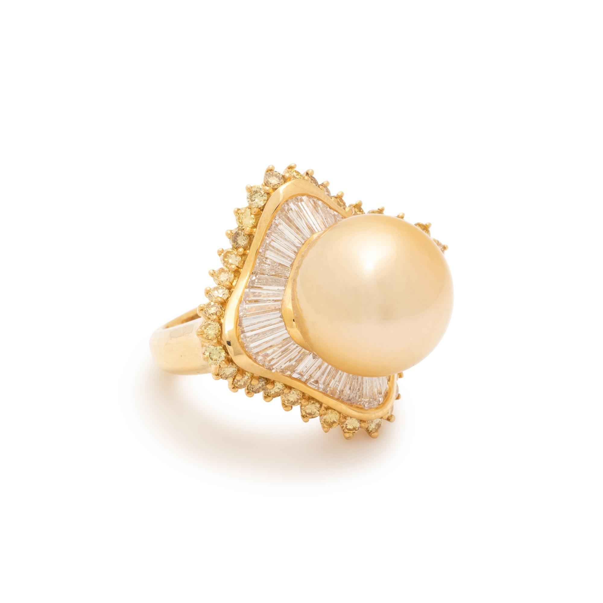 GOLDEN CULTURED PEARL, DIAMOND, AND YELLOW DIAMOND RING