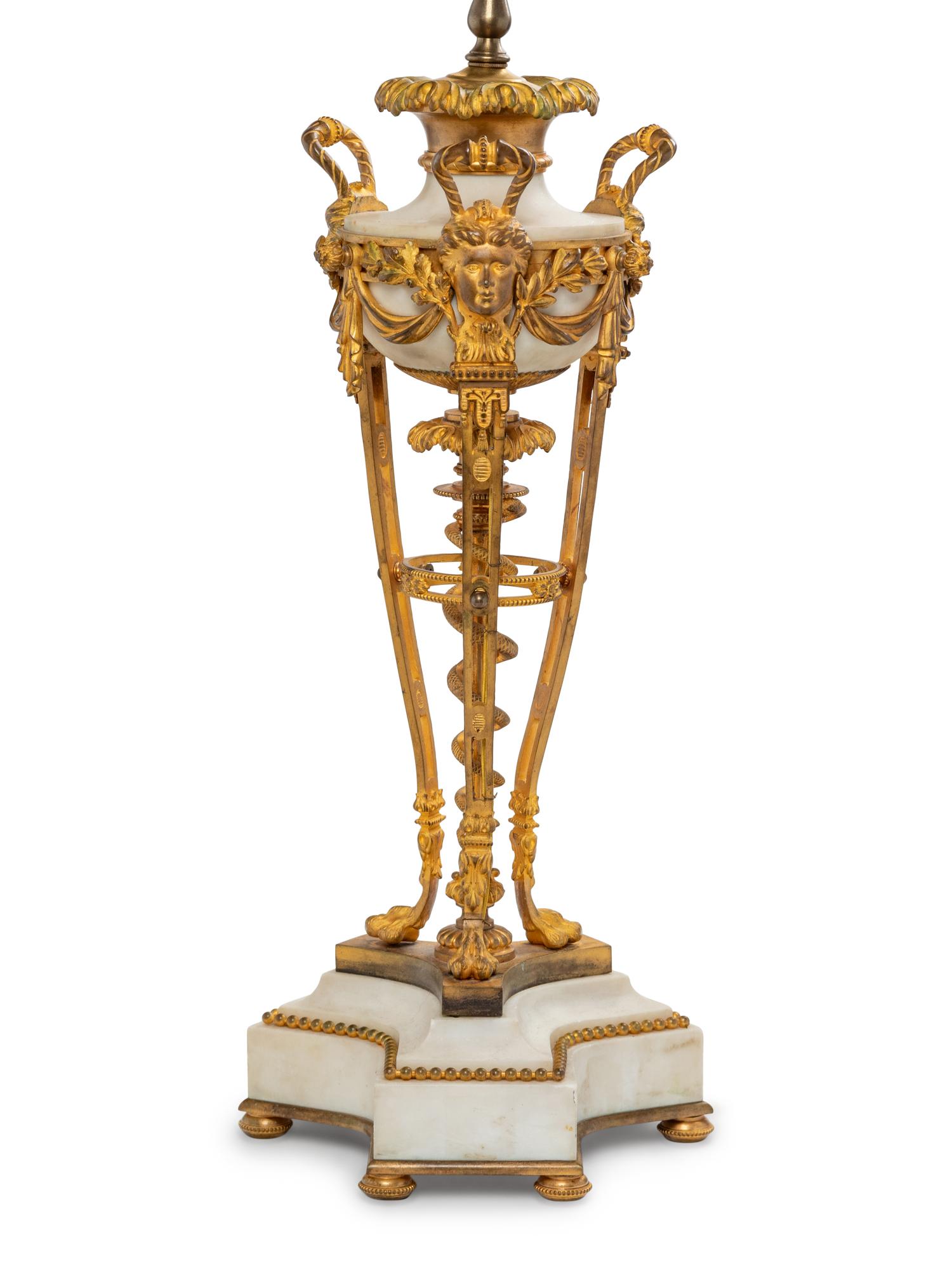 A Neoclassical Gilt Bronze and White Marble Cassolette Mounted as a Lamp