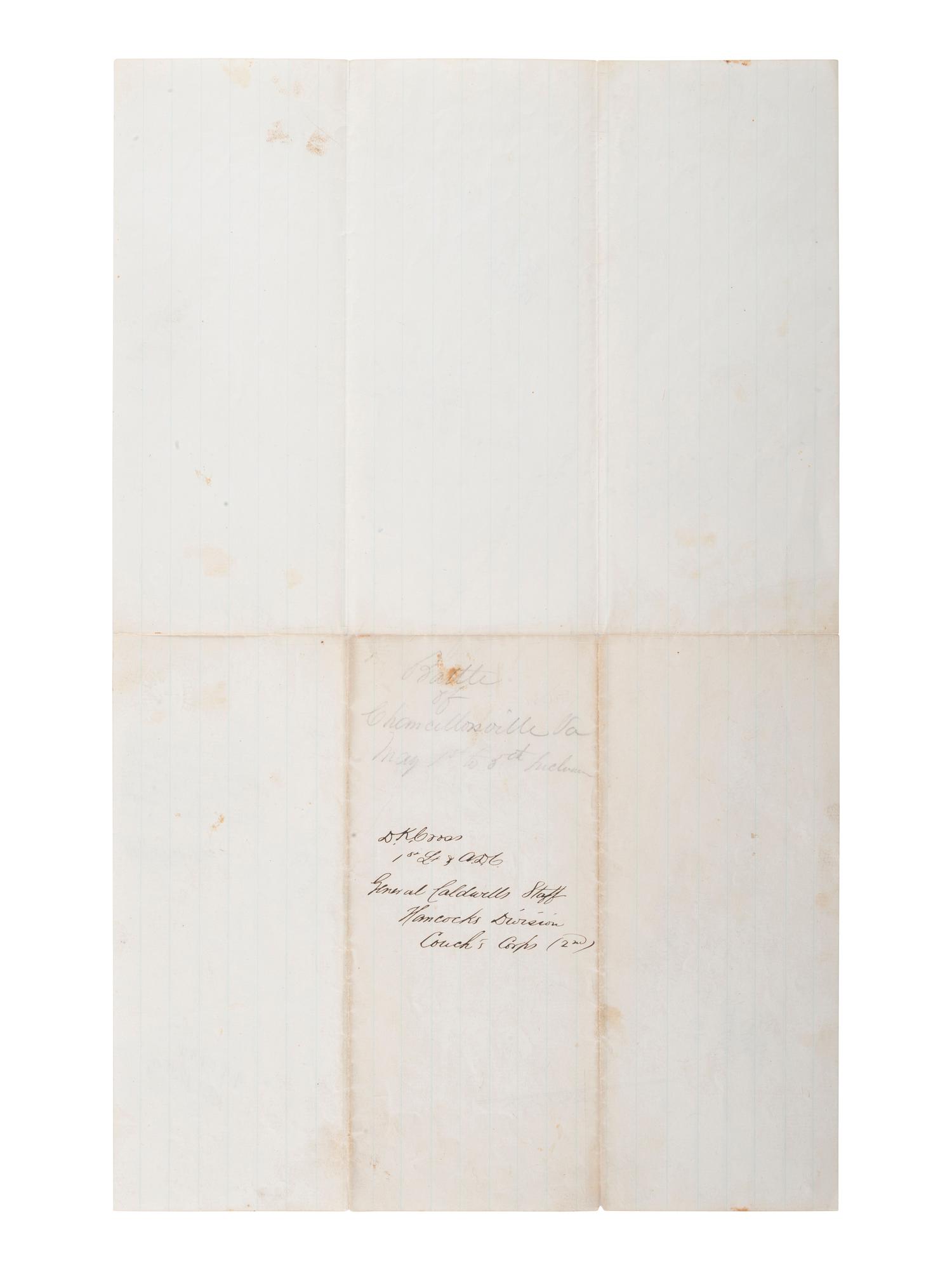 [CIVIL WAR]. Battle of Chancellorsville letter with hand-drawn map of the battlefield, written 5 days after the battle by First Lieutenant Daniel K. Cross, 5th New Hampshire Infantry. "Camp near Falmouth Va," 8 May 1863.