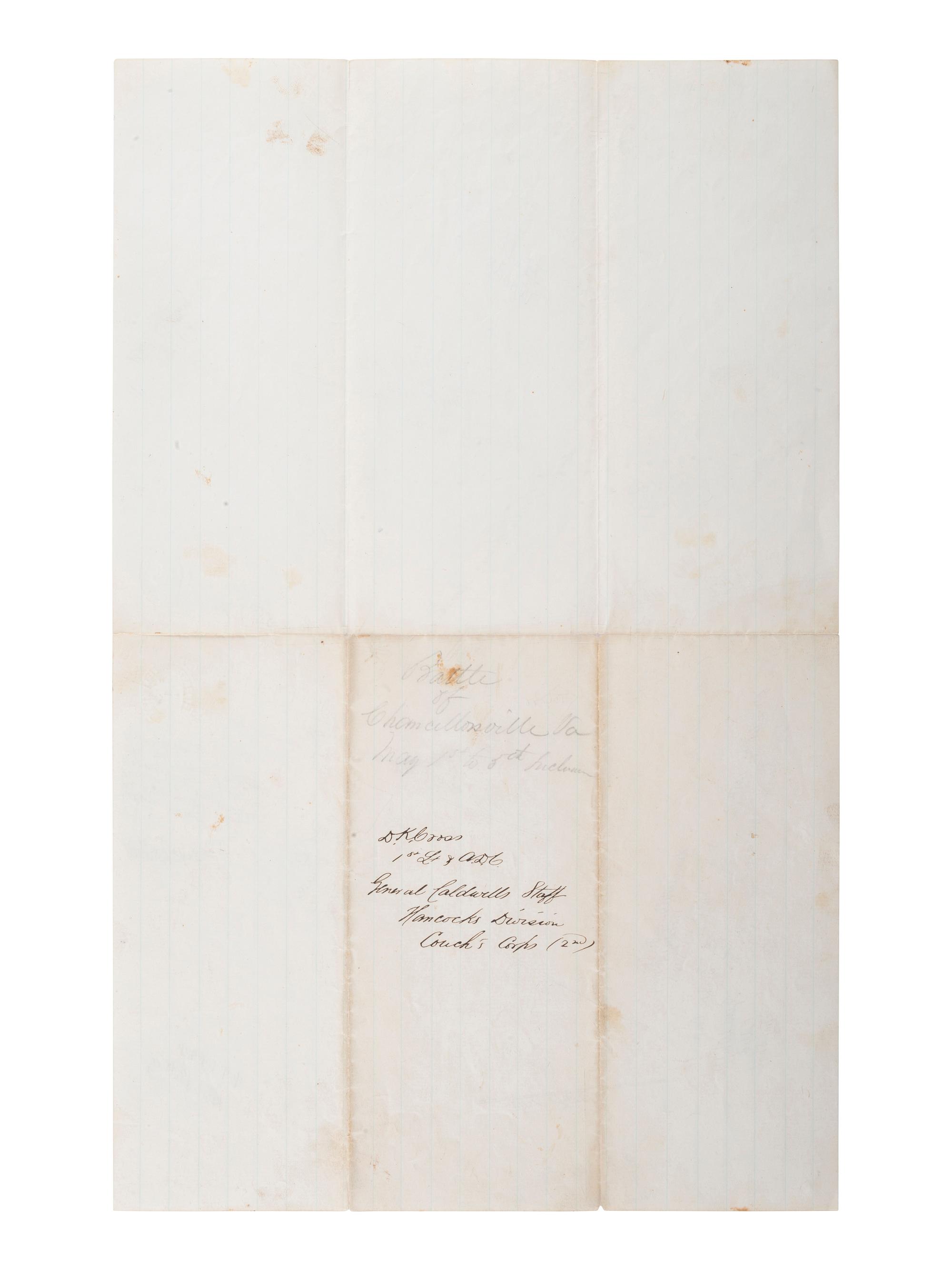 [CIVIL WAR]. Battle of Chancellorsville letter with hand-drawn map of the battlefield, written 5 days after the battle by First Lieutenant Daniel K. Cross, 5th New Hampshire Infantry. "Camp near Falmouth Va," 8 May 1863.