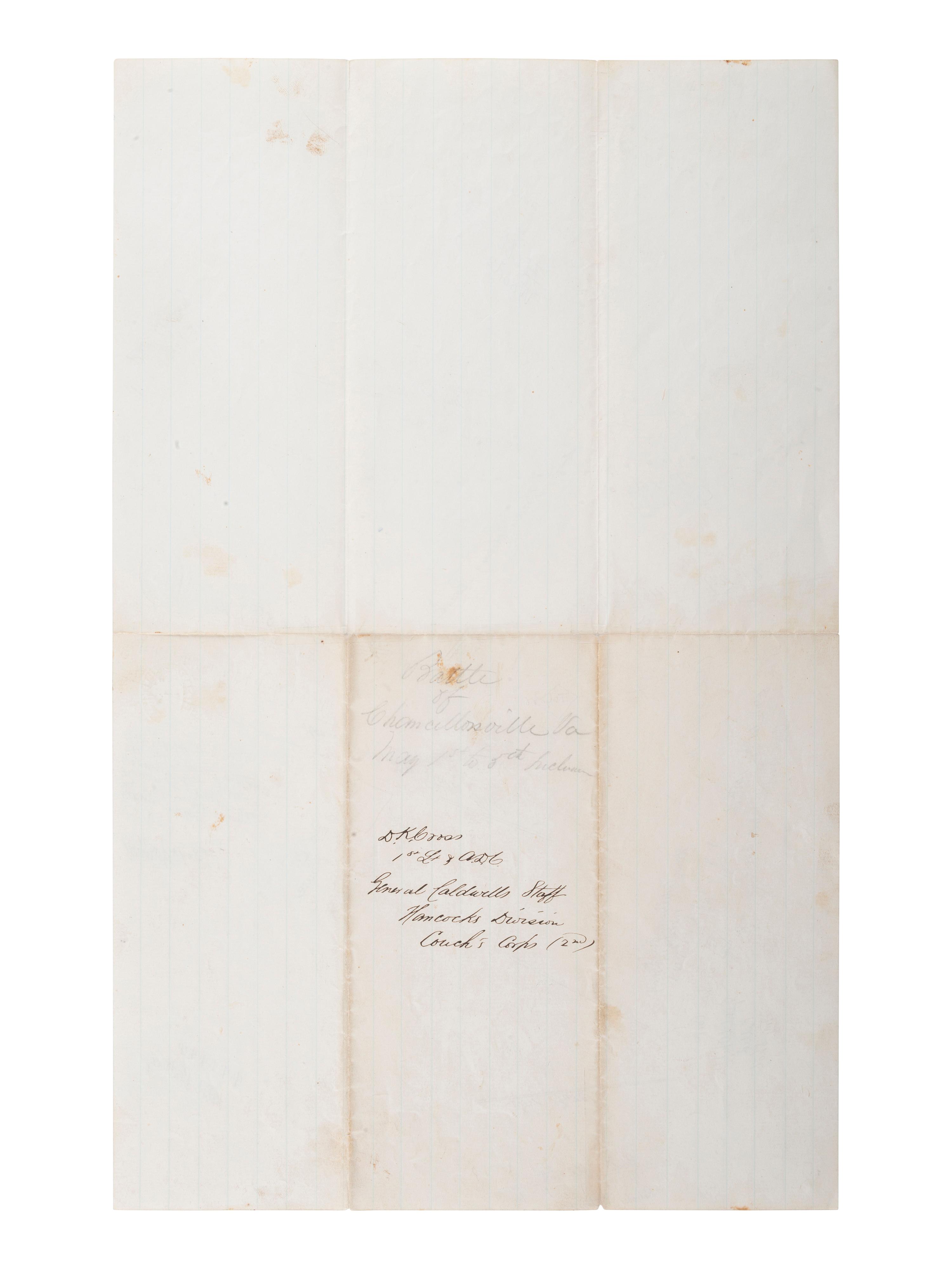 [CIVIL WAR]. Battle of Chancellorsville letter with hand-drawn map of the battlefield, written 5 days after the battle by First Lieutenant Daniel K. Cross, 5th New Hampshire Infantry. "Camp near Falmouth Va," 8 May 1863.