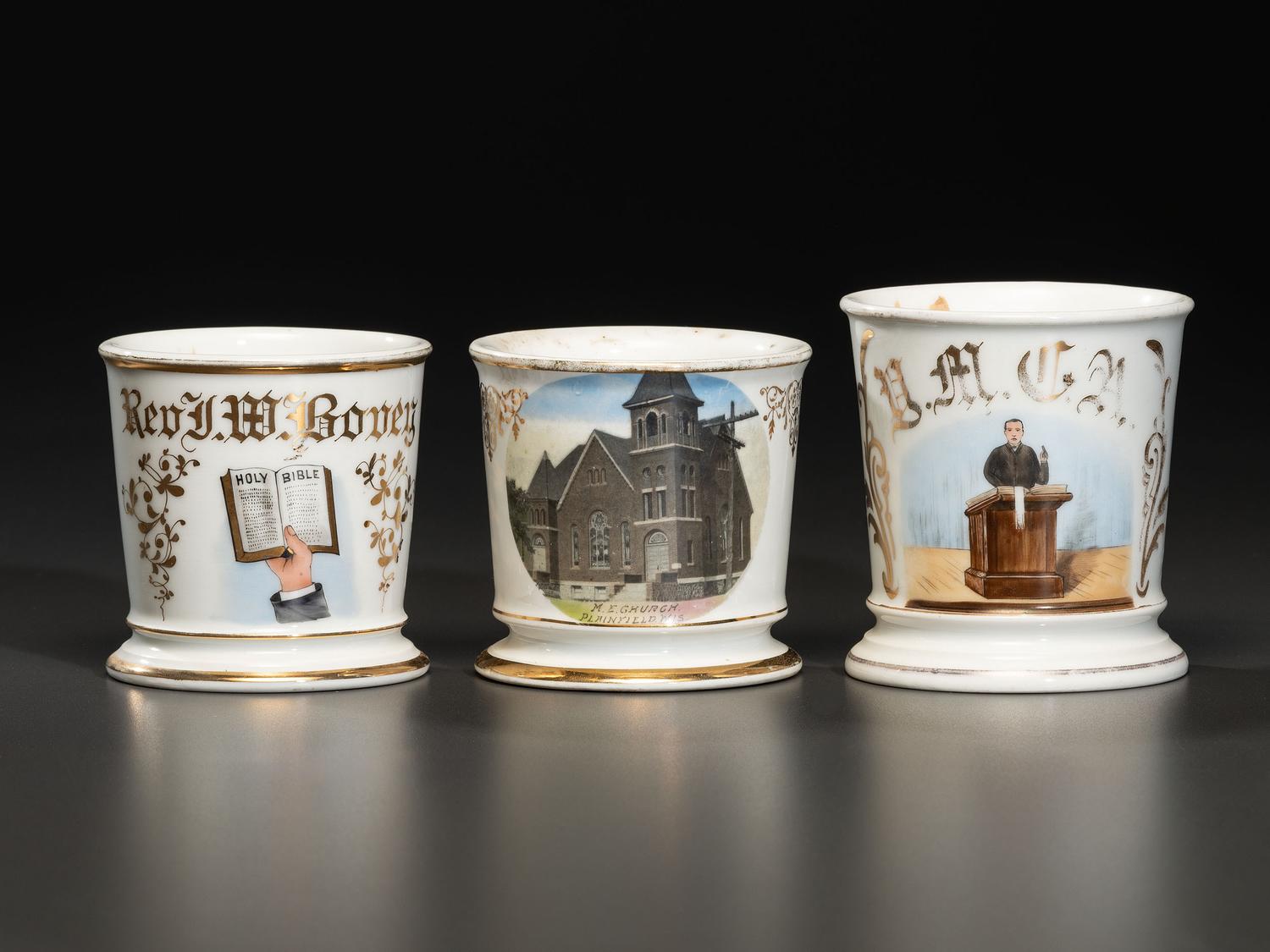 Three Porcelain Occupational Shaving Mugs of Religious Interest