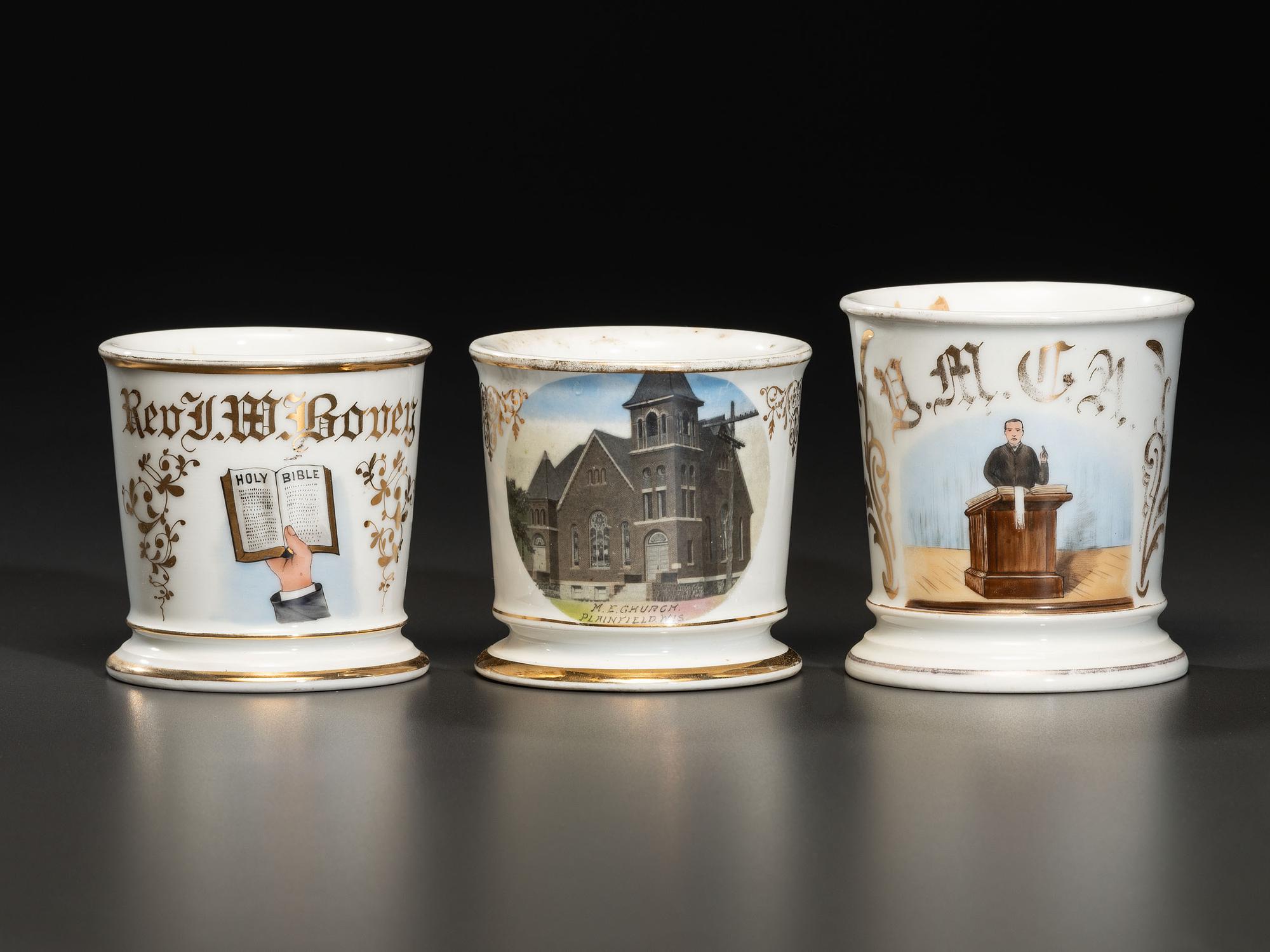 Three Porcelain Occupational Shaving Mugs of Religious Interest