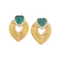 YELLOW GOLD, CARVED GREEN STONE AND DIAMOND CLIP EARRINGS