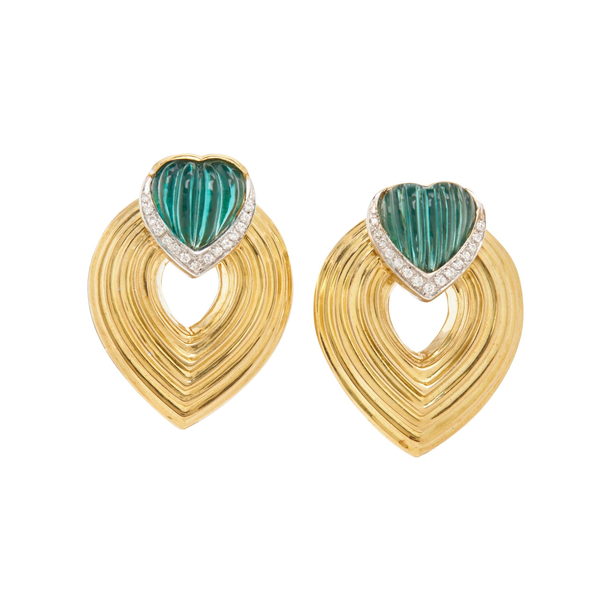 YELLOW GOLD, CARVED GREEN STONE AND DIAMOND CLIP EARRINGS