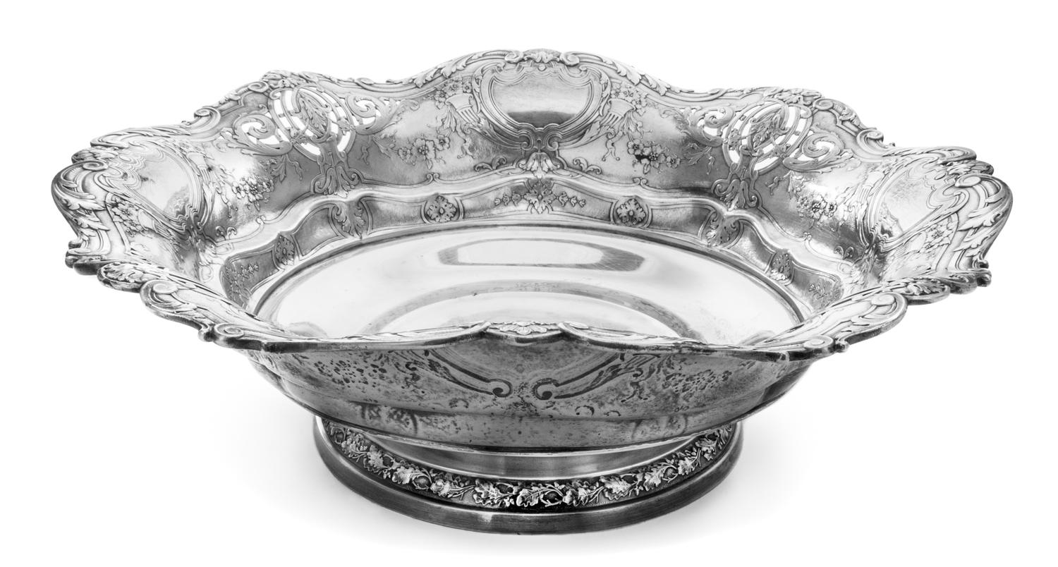 An American Silver Centerpiece Bowl , Gorham Mfg. Co., Providence, RI, 1930 , of footed form, the pierced border worked to show foliate