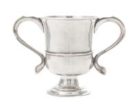 A George III Silver Twin-Handled Cup, John Langlands I, Newcastle, 1772, of baluster form with an applied waist band, having twin S-scr