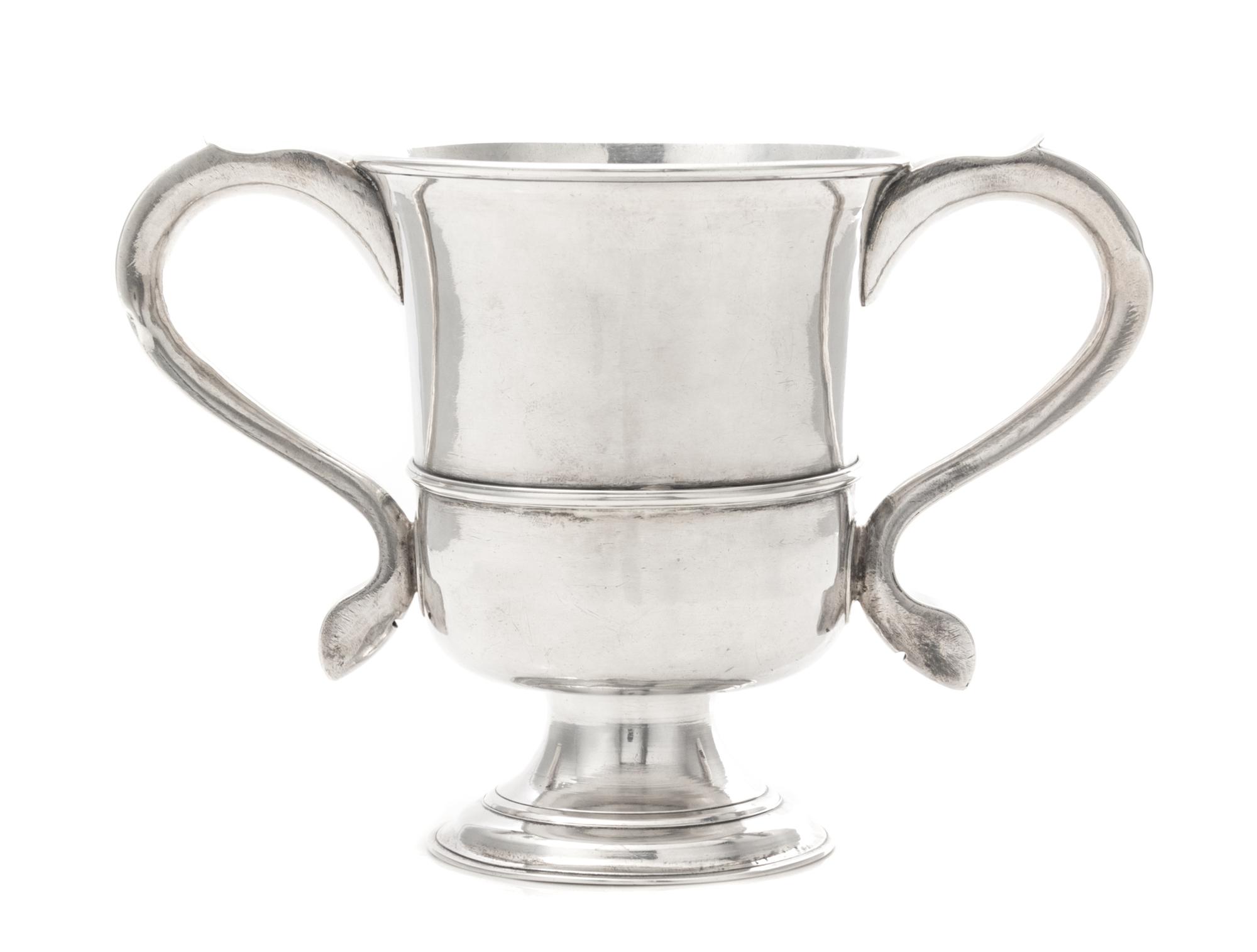A George III Silver Twin-Handled Cup, John Langlands I, Newcastle, 1772, of baluster form with an applied waist band, having twin S-scr