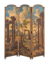 A Painted Canvas Three-Panel Floor Screen Depicting Ruins