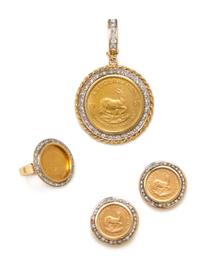 A Bicolor Gold, South African Krugerrand Coin and Diamond Demi-Parure, 61.00 dwts.