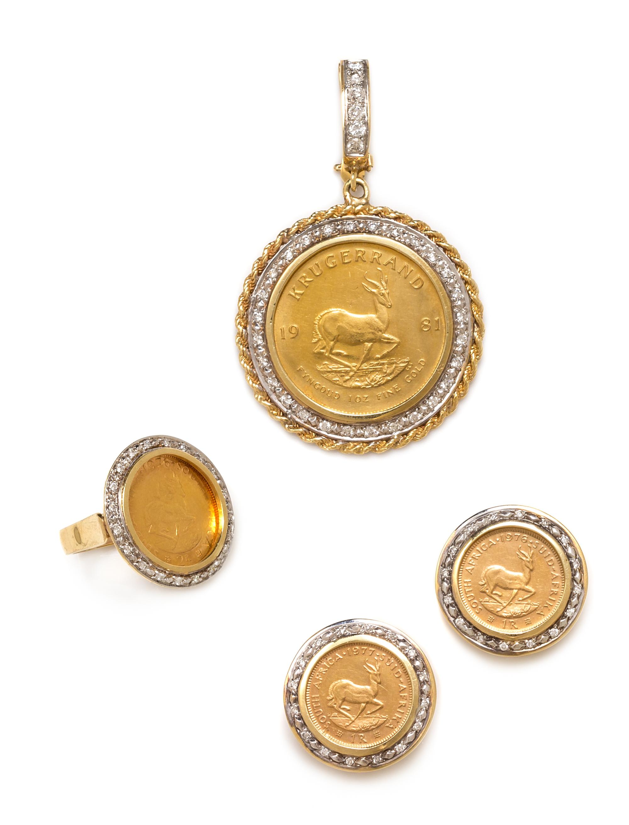 A Bicolor Gold, South African Krugerrand Coin and Diamond Demi-Parure, 61.00 dwts.