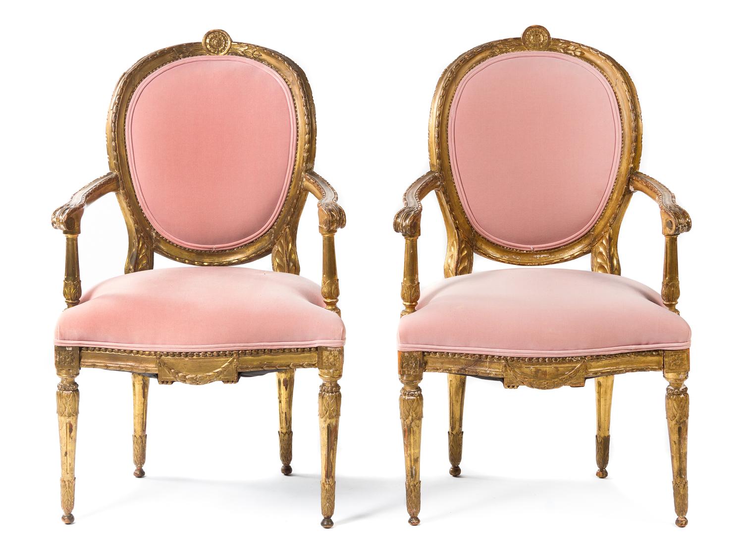 A Pair of Louis XVI Style Giltwood Fauteuils Height 39 1/2 inches. — 19TH CENTURY