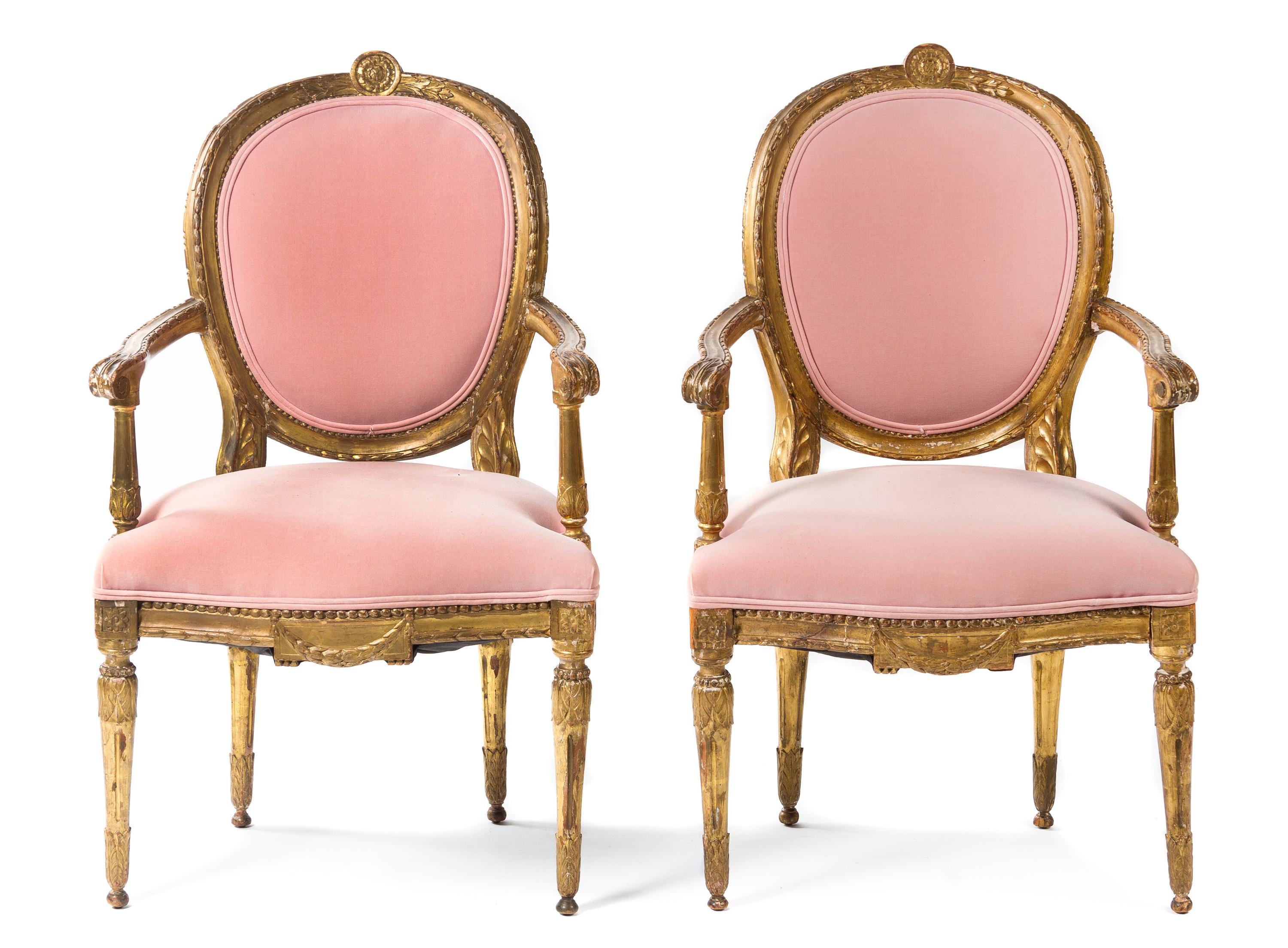 A Pair of Louis XVI Style Giltwood Fauteuils Height 39 1/2 inches. — 19TH CENTURY