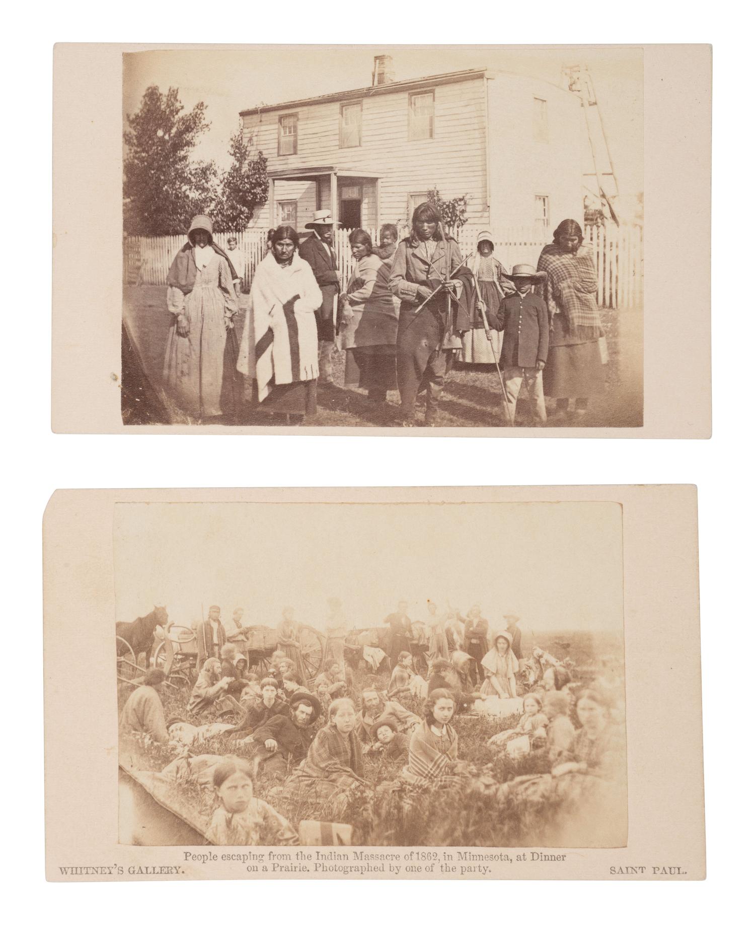 [EBELL, Adrian, photog.]. 2 CDVs documenting the 1862 Dakota Uprising in Minnesota, incl. Dakota Indians at the Pajutazee Mission the day before fighting began.
