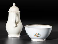 A Leeds Diminutive Creamware Coffeepot and Paint Decorated Pearlware Bowl