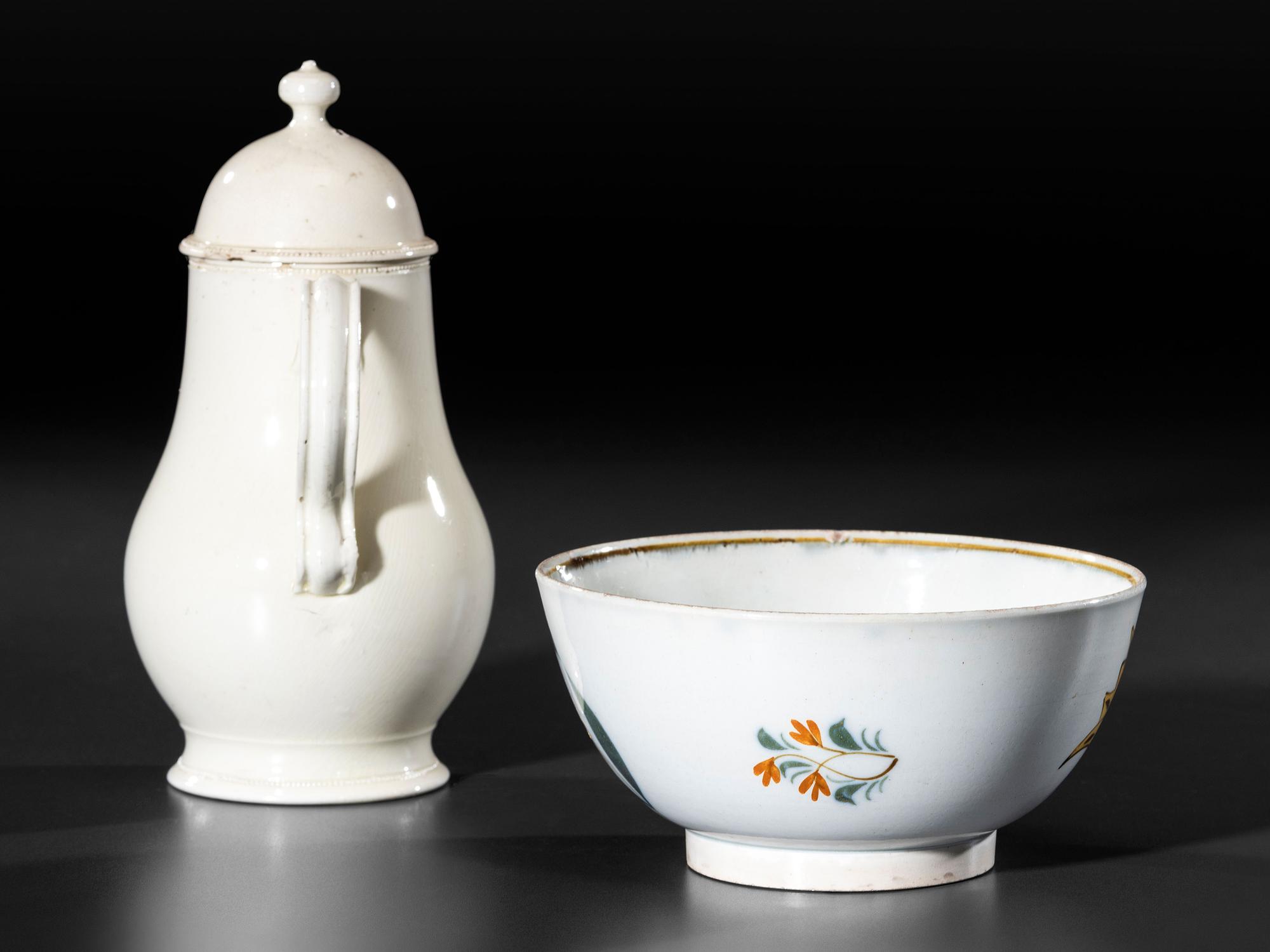 A Leeds Diminutive Creamware Coffeepot and Paint Decorated Pearlware Bowl