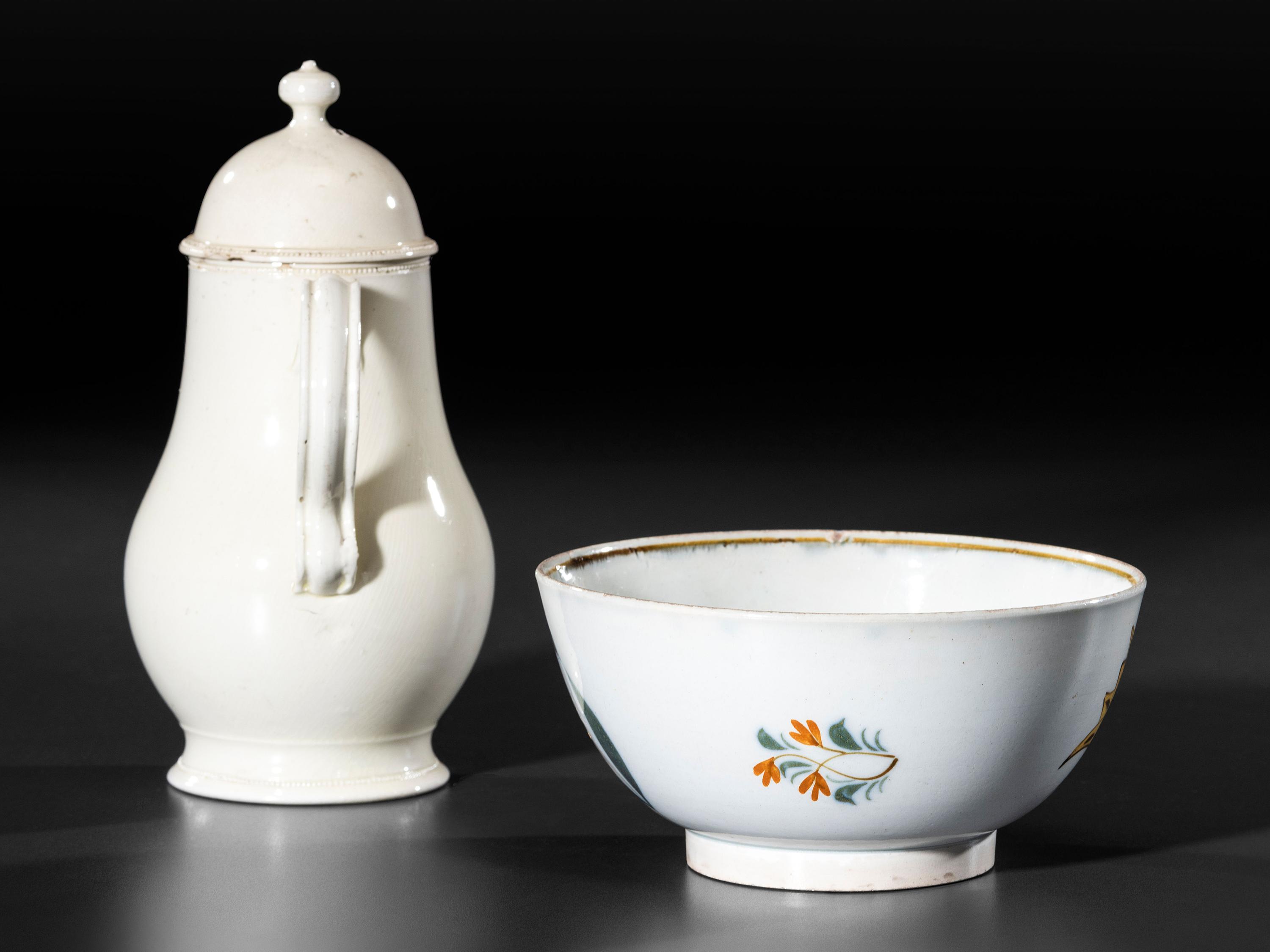 A Leeds Diminutive Creamware Coffeepot and Paint Decorated Pearlware Bowl