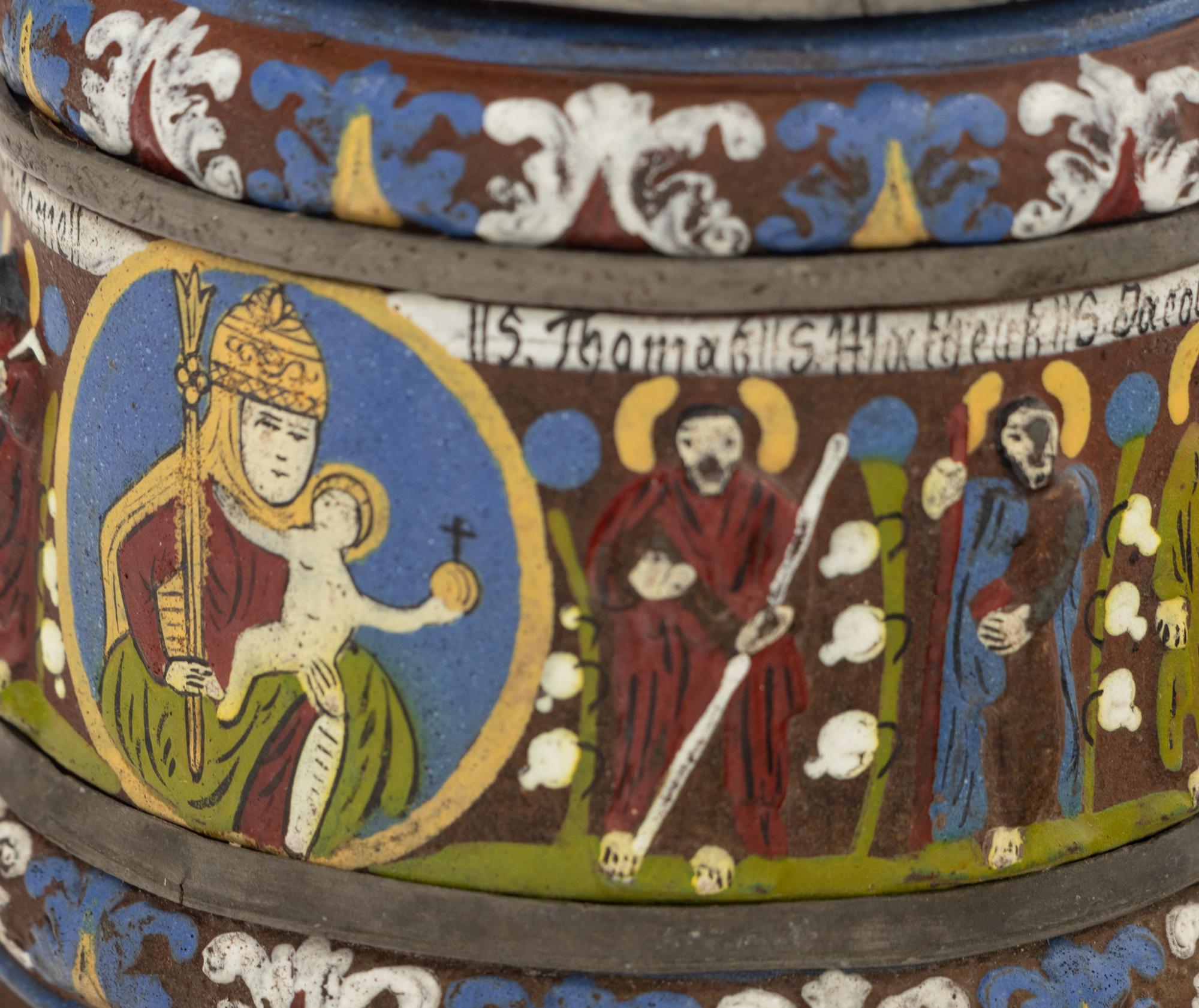 A German Kreussen "Apostle" Hand-Painted Pewter and Stoneware Stein