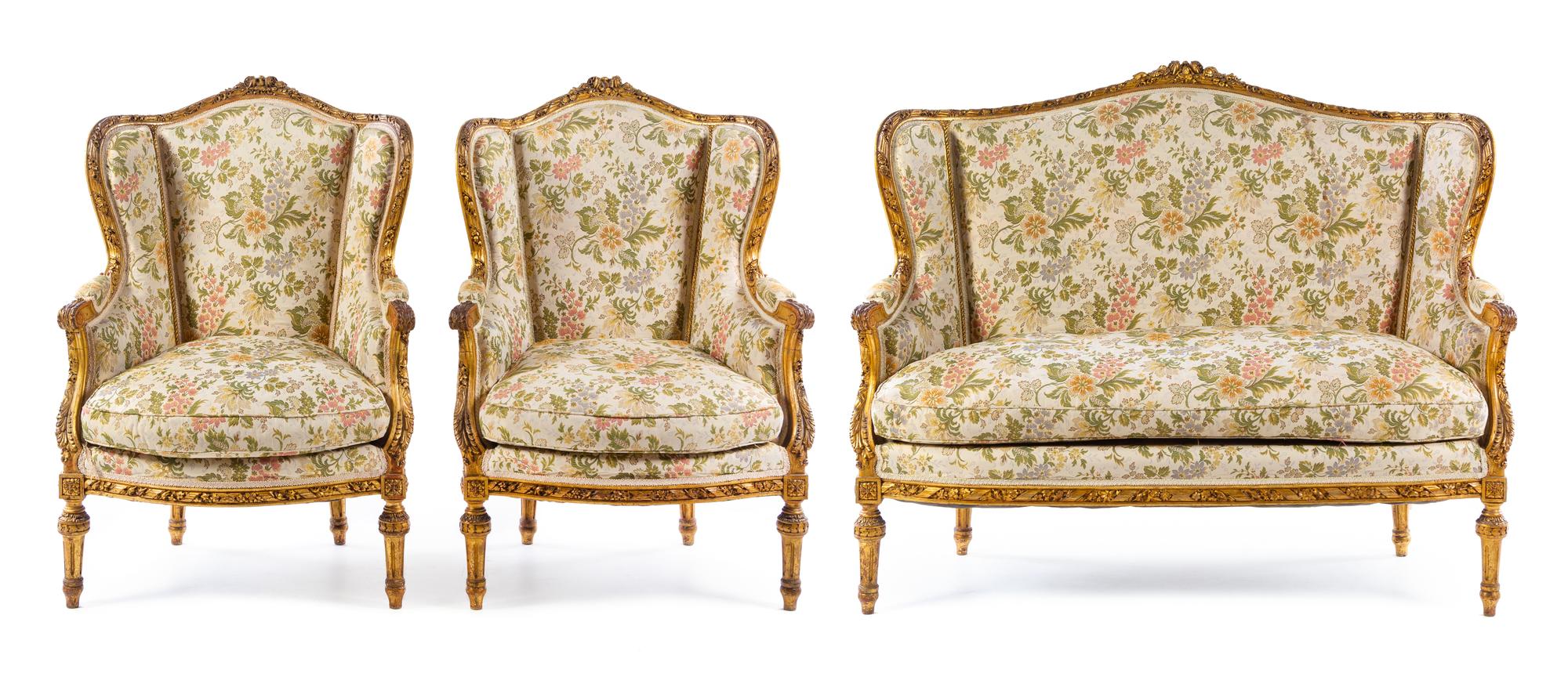 A Louis XVI Style Giltwood Salon Suite Height of settee 46 1/2 x width 56 x depth 34 inches. — LATE 19TH/EARLY 20TH CENTURY