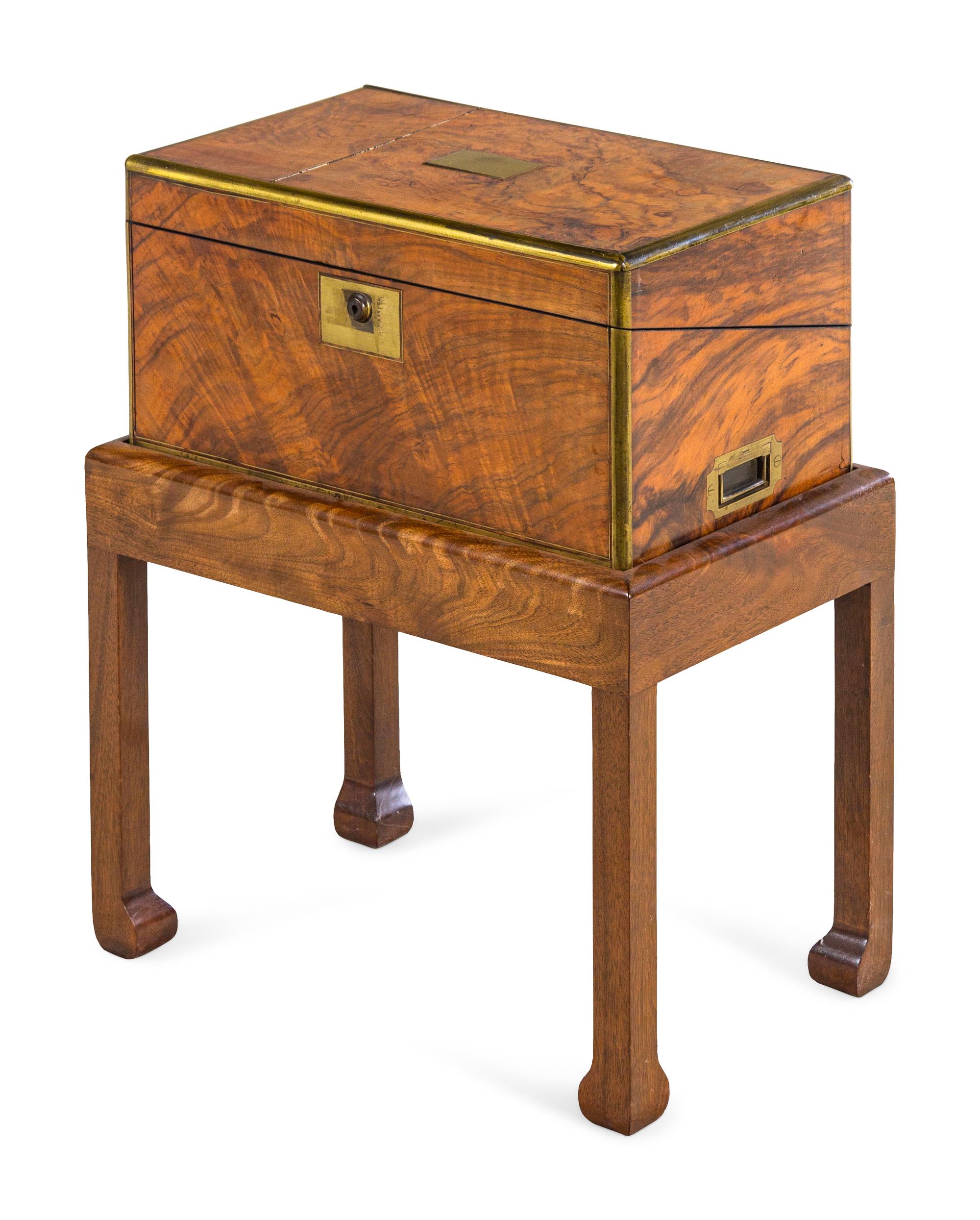 A George III Burl Walnut Writing Box on a Later Stand