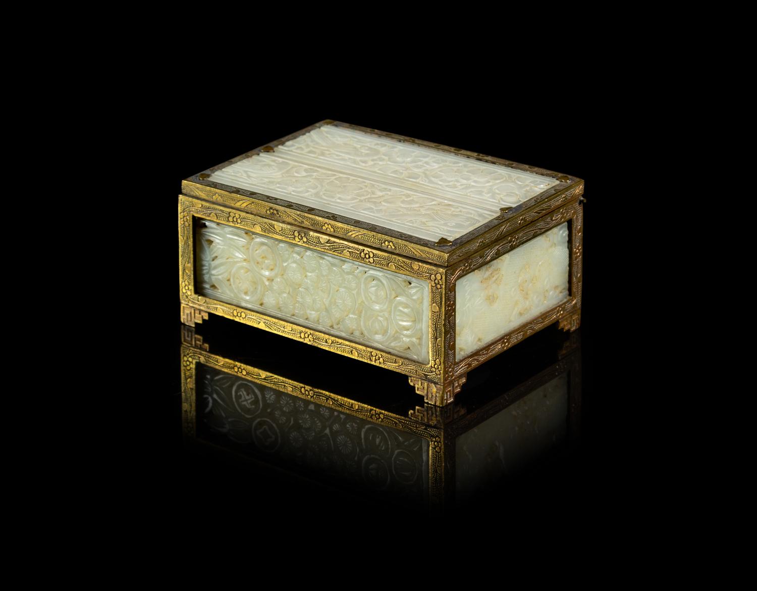 A Chinese Brass Mounted Jade Plaque Inset Jewelry Box
