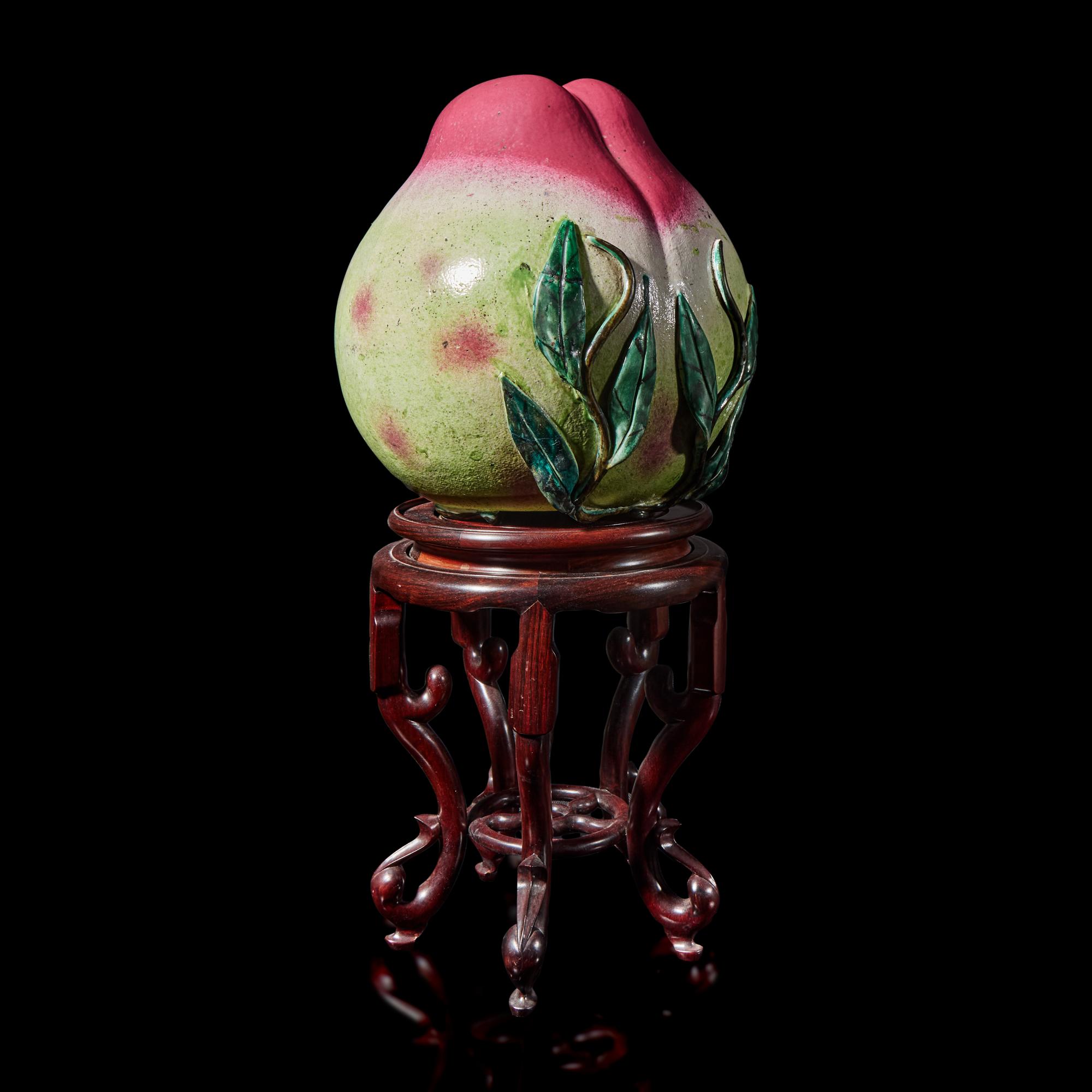 A Large Chinese Famille Rose Model of a Peach, 20th Century 近代 粉彩大壽桃擺件 帶木座