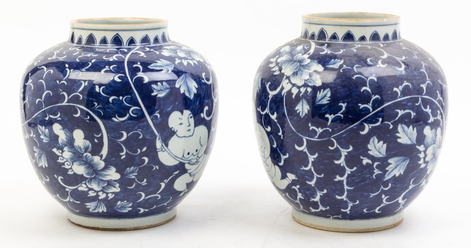 A Pair of Blue and White Porcelain Jars Height 10 inches.
