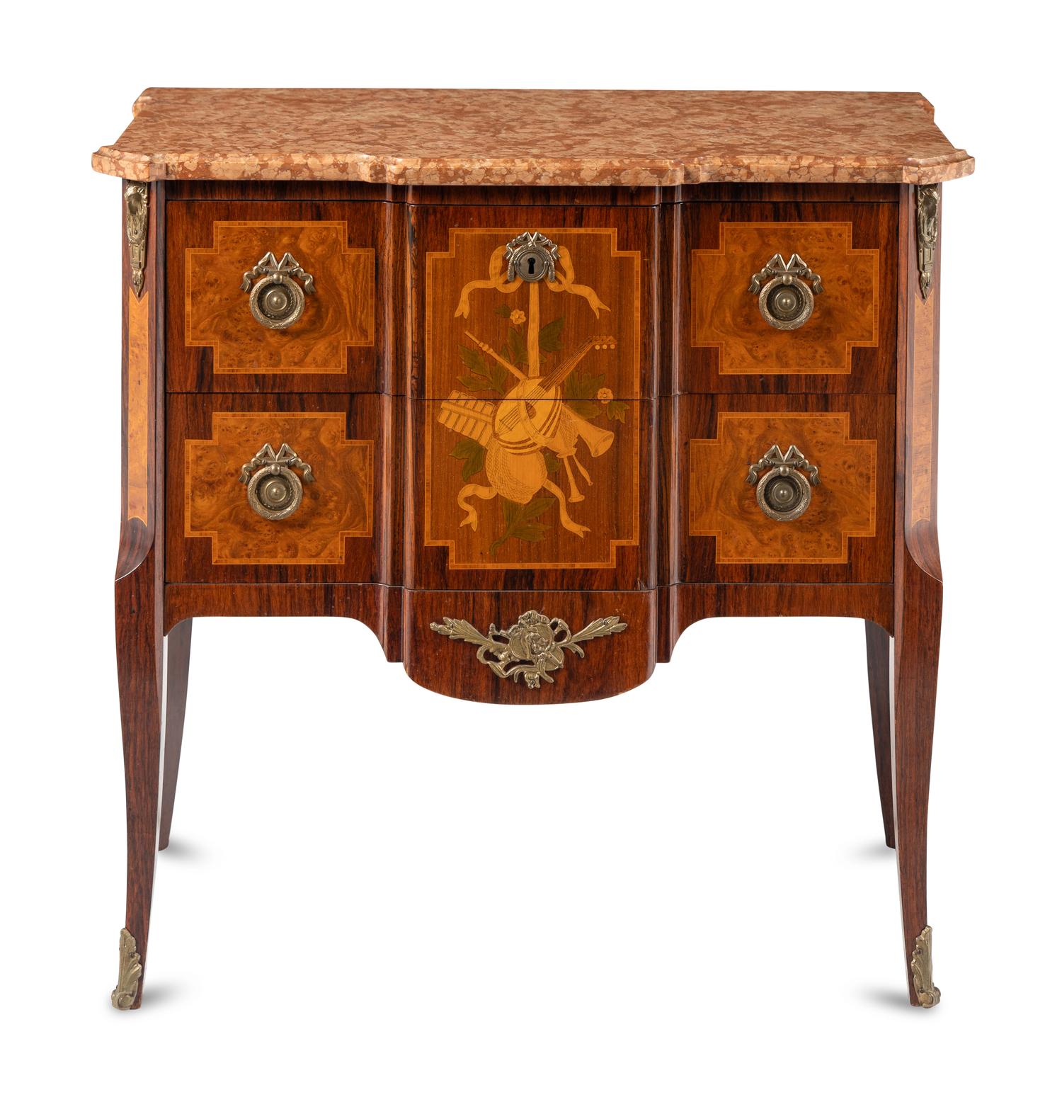 A Louis XV/XVI Transitional Style Marquetry Marble-Top Commode