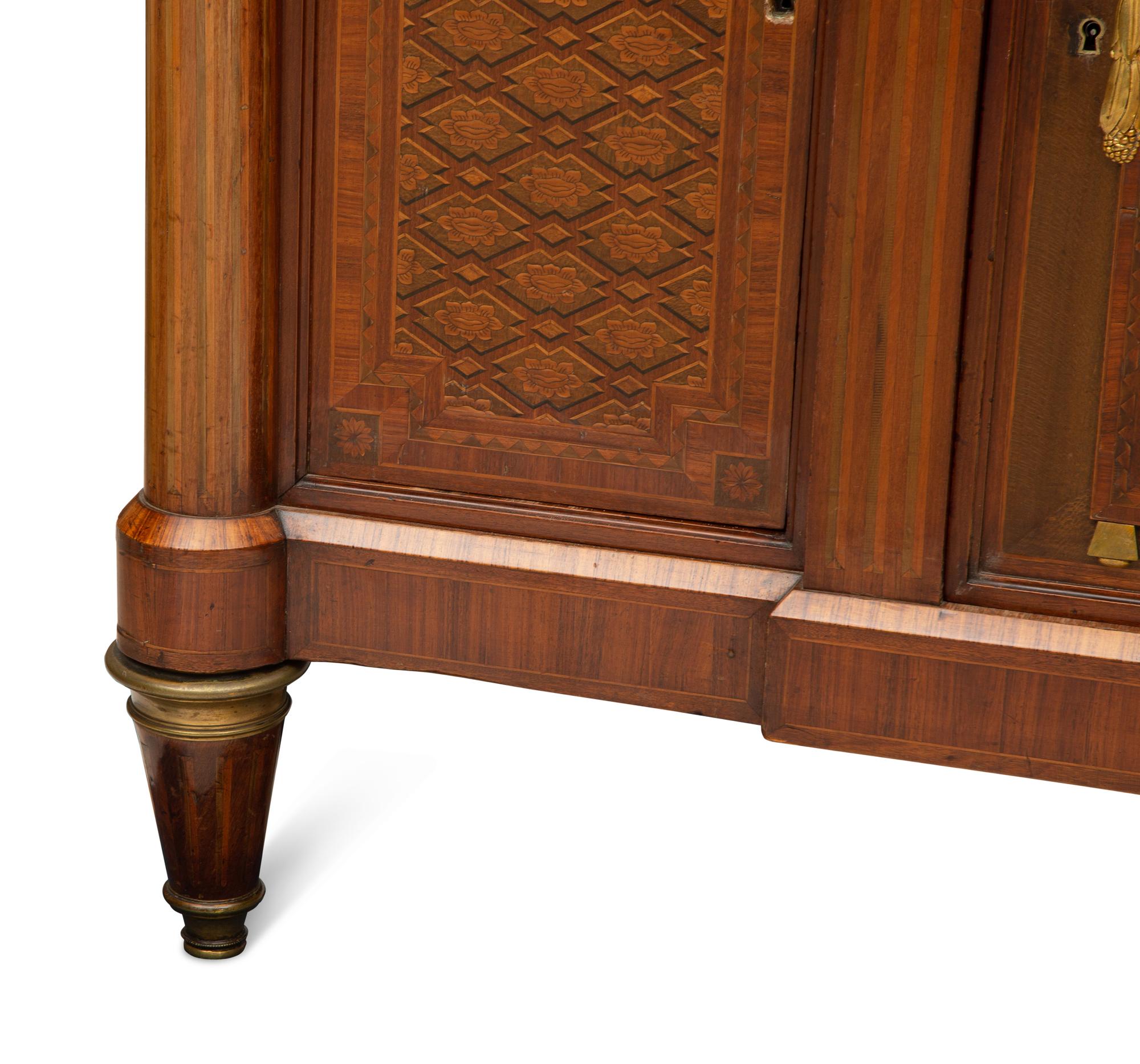 A Louis XVI Style Gilt Bronze Mounted Parquetry Marble-Top Commode