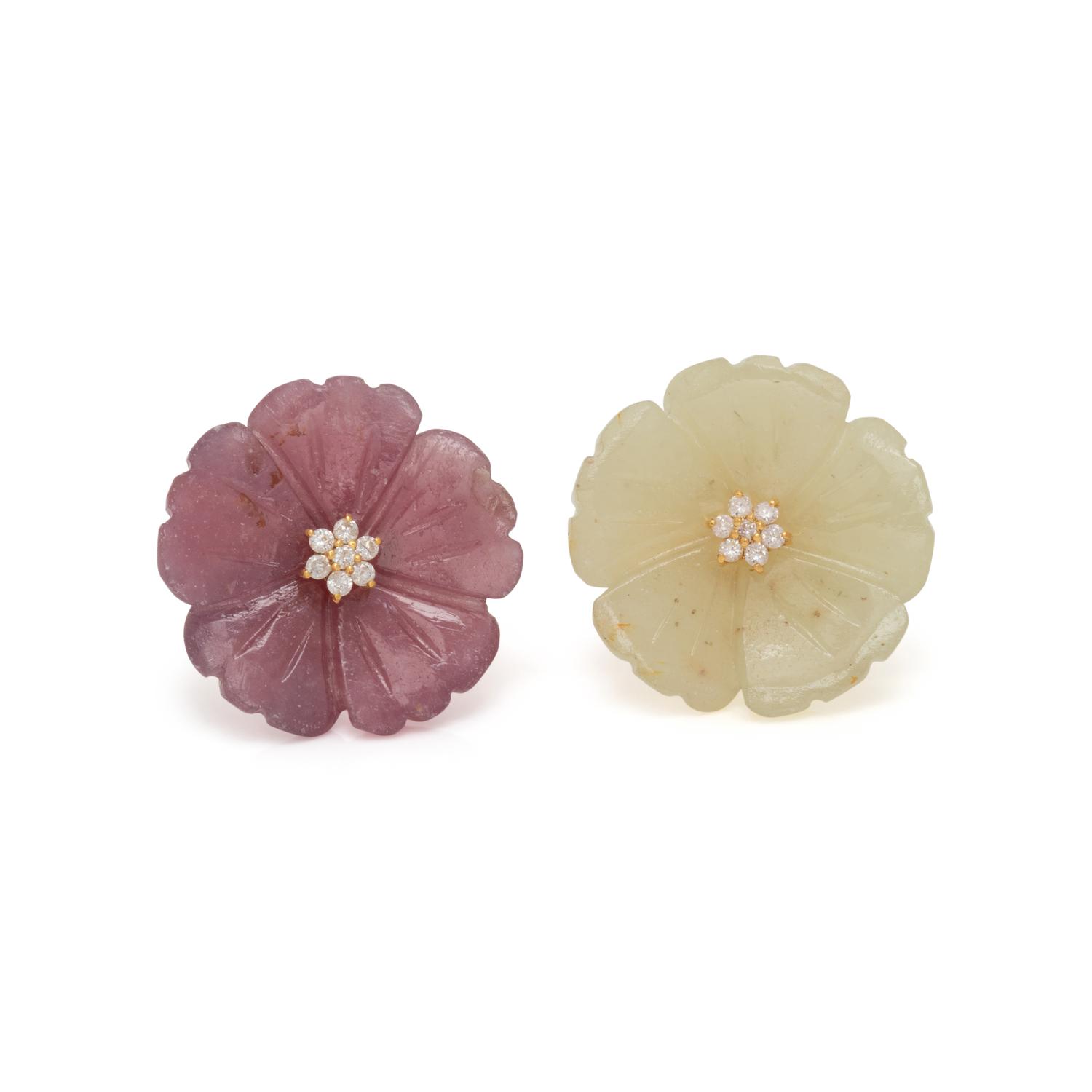CARVED SAPPHIRE AND DIAMOND FLOWER EARRINGS