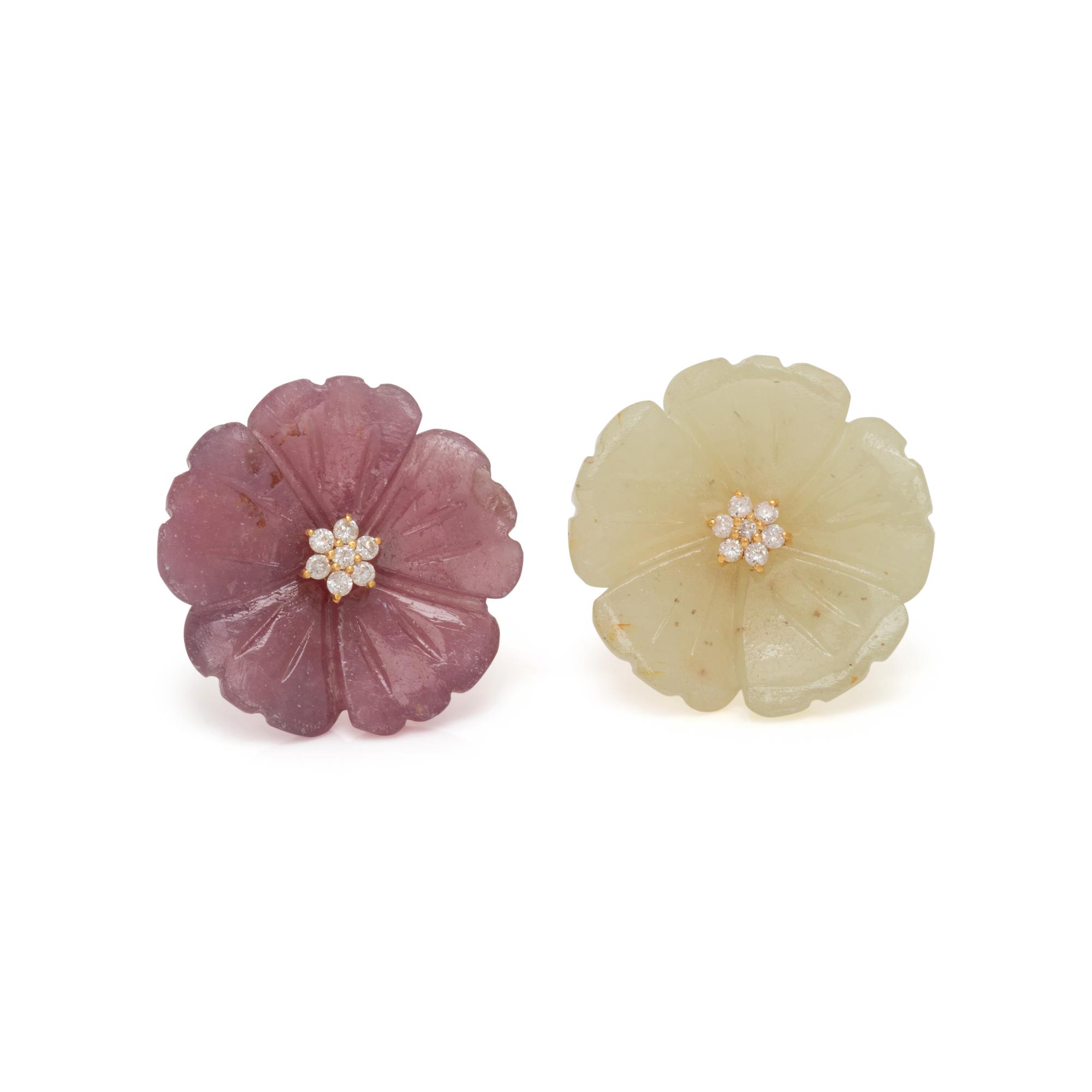 CARVED SAPPHIRE AND DIAMOND FLOWER EARRINGS