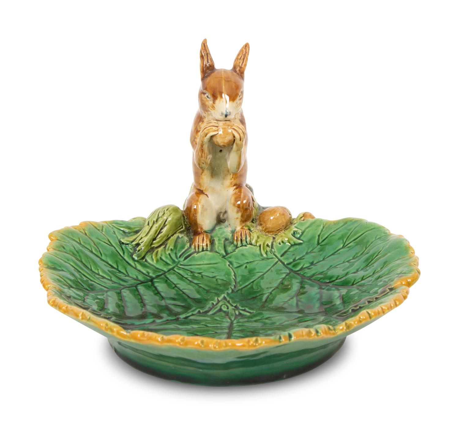 A Minton Majolica Squirrel Dish