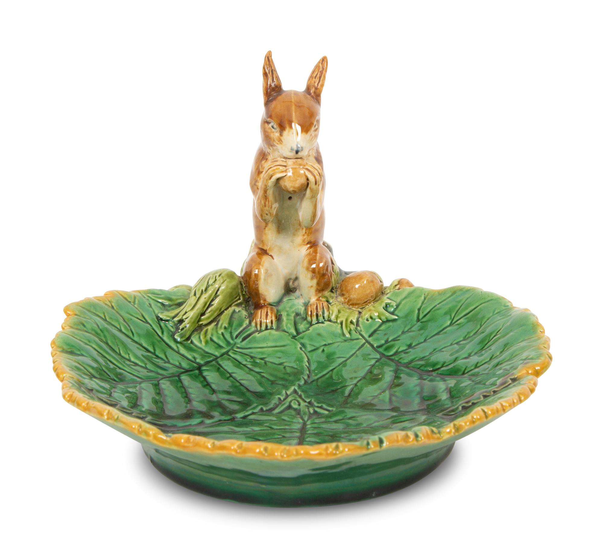 A Minton Majolica Squirrel Dish