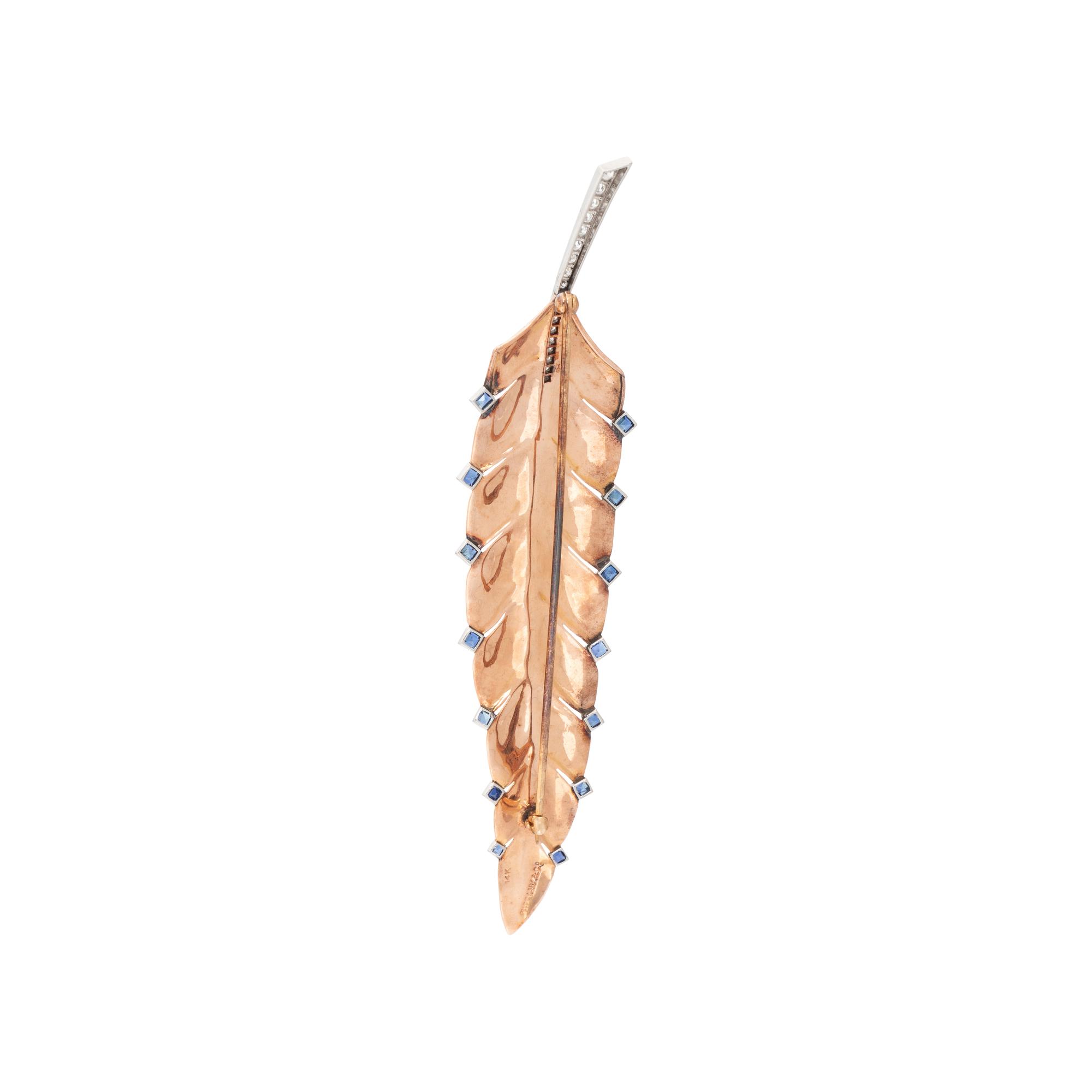 TIFFANY & CO., RETRO, SAPPHIRE AND DIAMOND FEATHER BROOCH