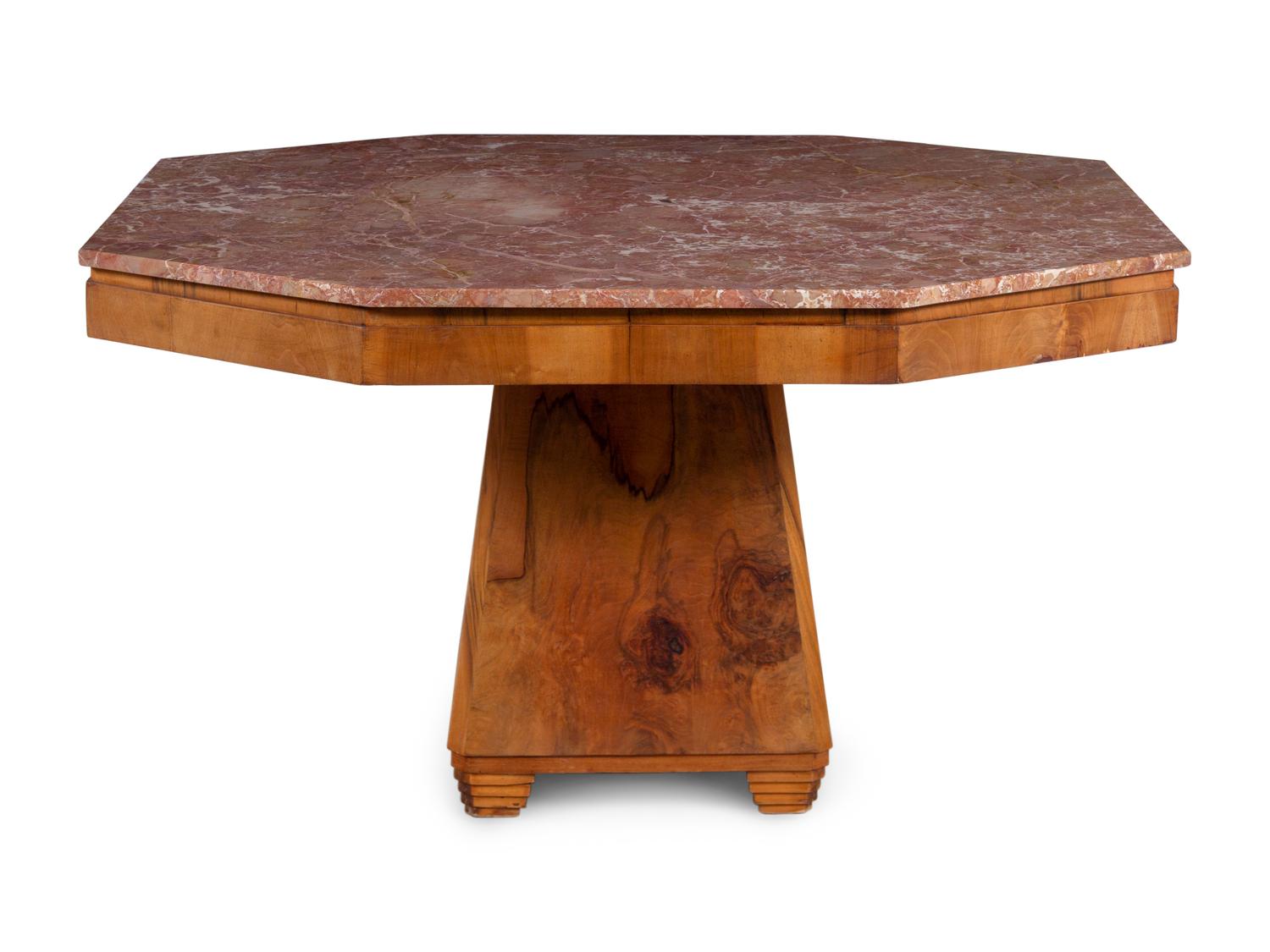 An Art Deco Walnut and Marble-Top Breakfast Table