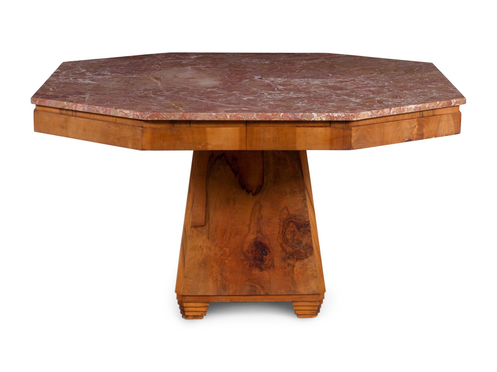 An Art Deco Walnut and Marble-Top Breakfast Table