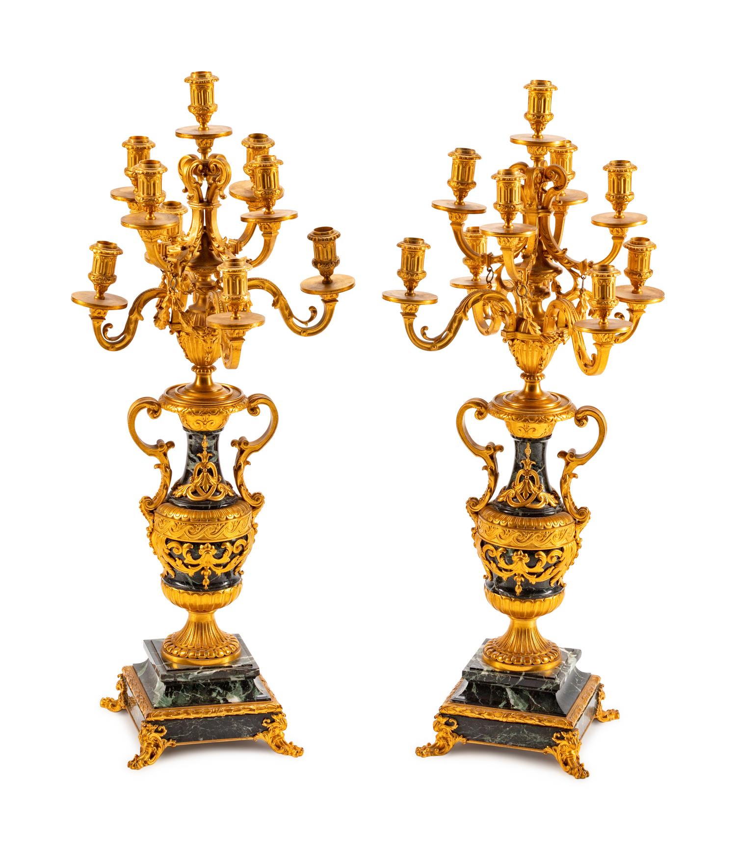 A Pair of Gilt-Bronze-Mounted Green Marble Nine-Light Candelabra — 19TH CENTURY
