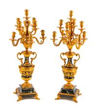 A Pair of Gilt-Bronze-Mounted Green Marble Nine-Light Candelabra — 19TH CENTURY