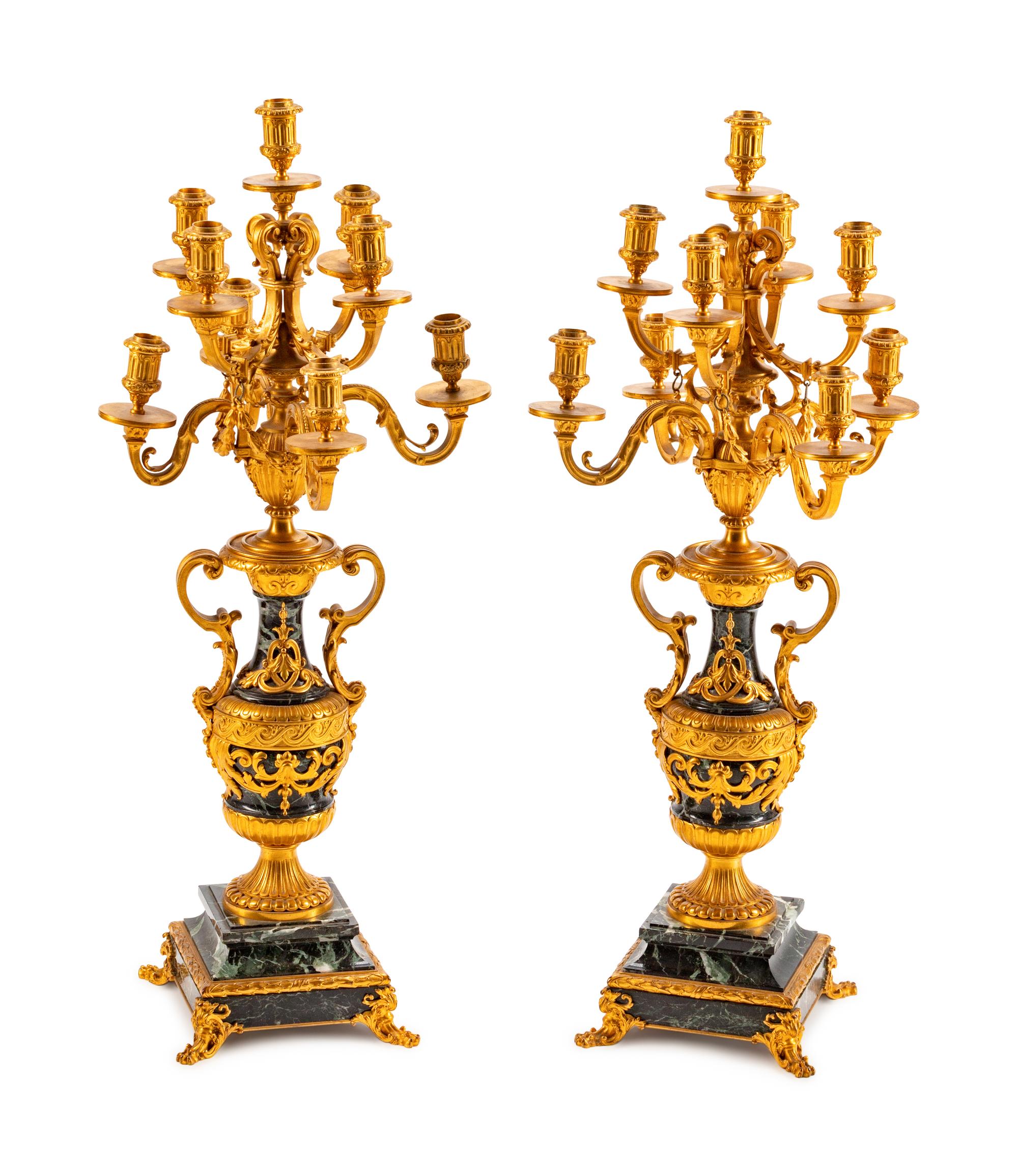 A Pair of Gilt-Bronze-Mounted Green Marble Nine-Light Candelabra — 19TH CENTURY