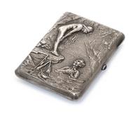 A Russian Silver Cigarette Case, Maker's mark BO, Moscow, late 19th century, the case worked to show a vodyanoy courting a nude woman,