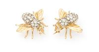 A Pair of 14 Karat Yellow Gold and Diamond Bee Brooches, 5.10 dwts.