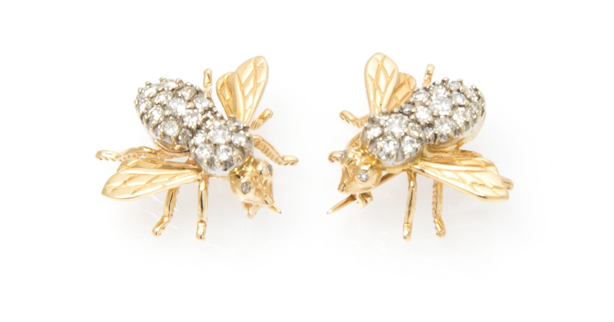 A Pair of 14 Karat Yellow Gold and Diamond Bee Brooches, 5.10 dwts.