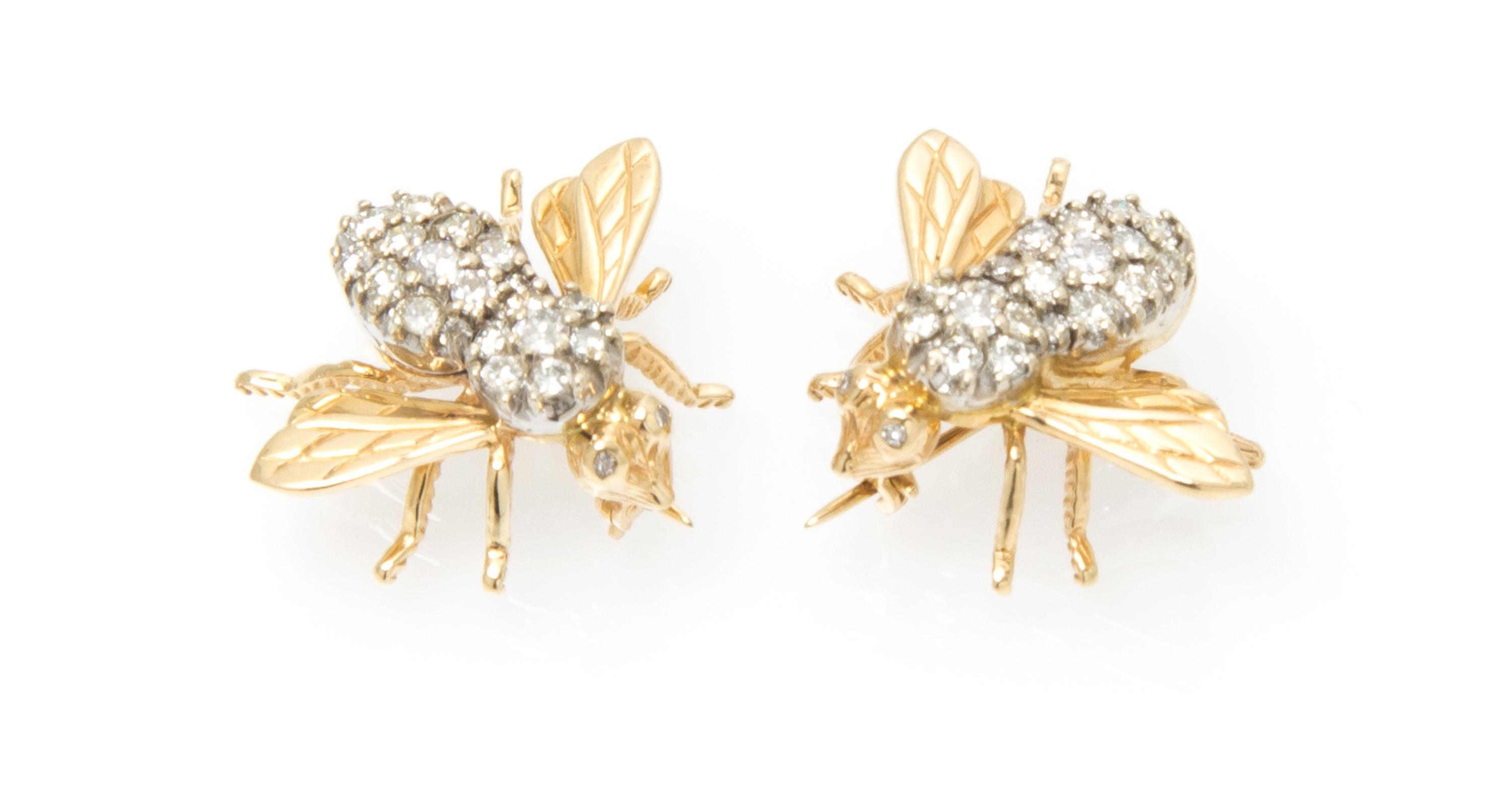 A Pair of 14 Karat Yellow Gold and Diamond Bee Brooches, 5.10 dwts.