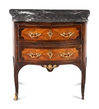 A Transitional Gilt Bronze Mounted Kingwood and Fruitwood Marble-Top Commode