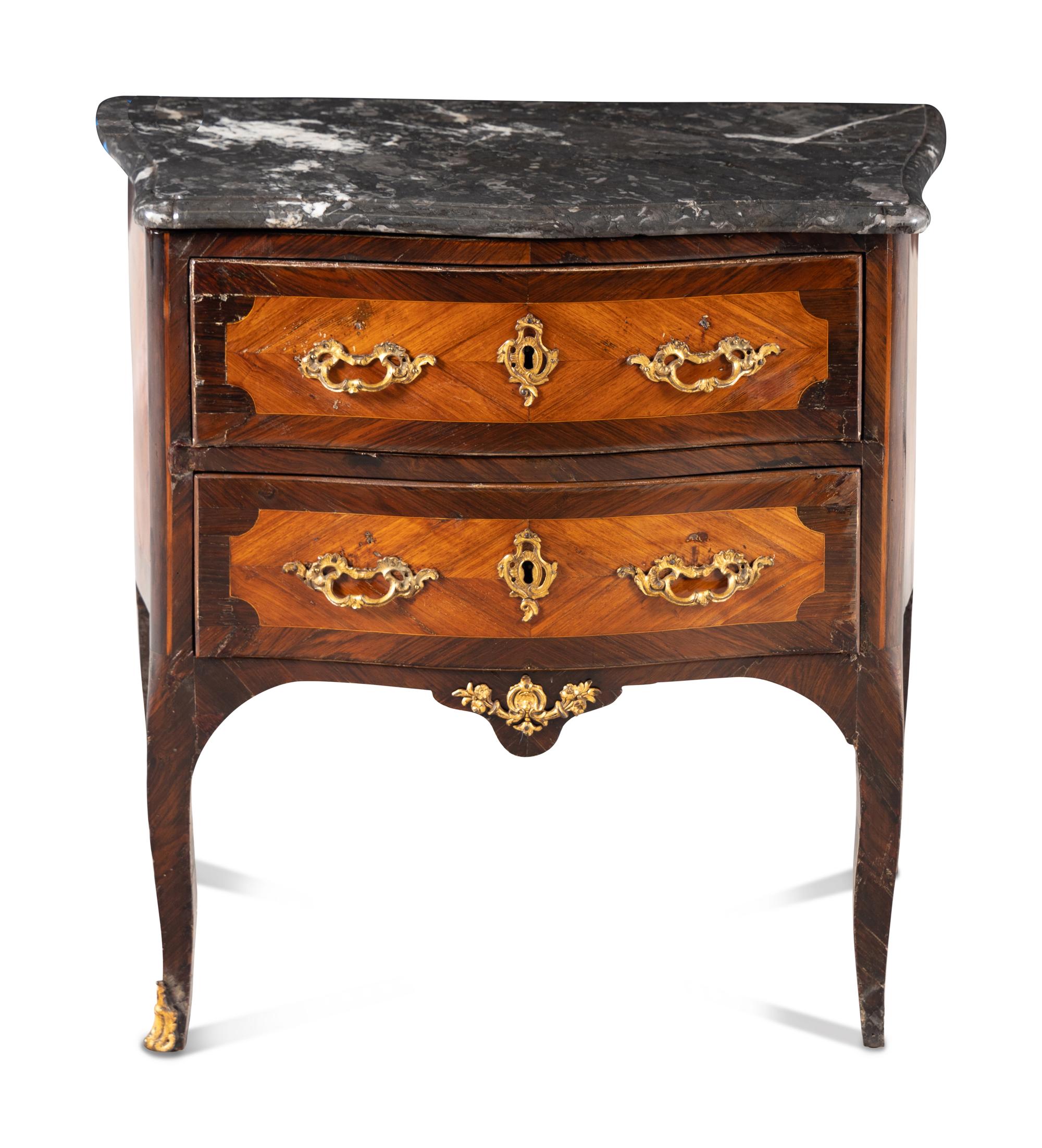 A Transitional Gilt Bronze Mounted Kingwood and Fruitwood Marble-Top Commode