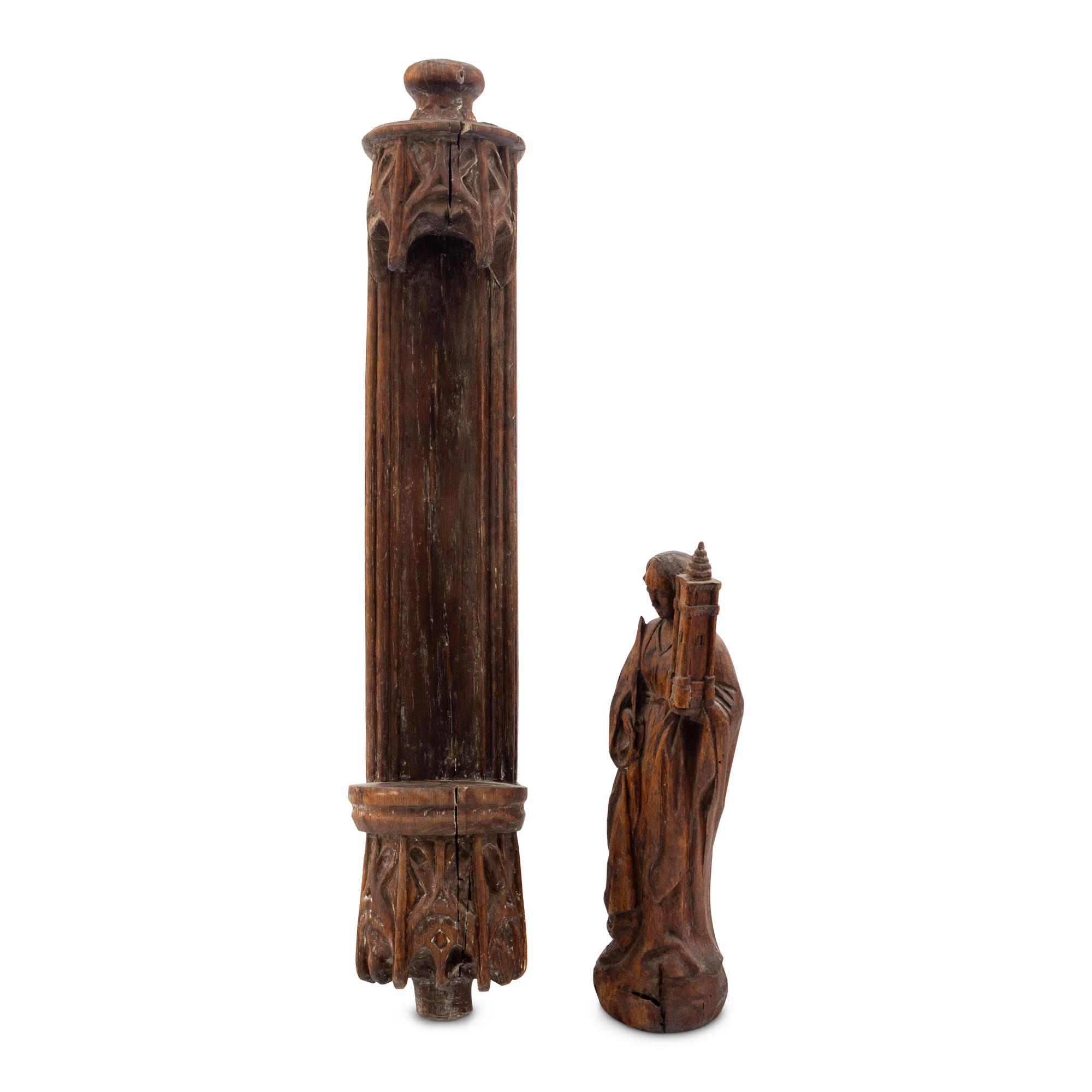 A Continental Carved Oak Figure of Saint Barbara with an Associated Altar Niche