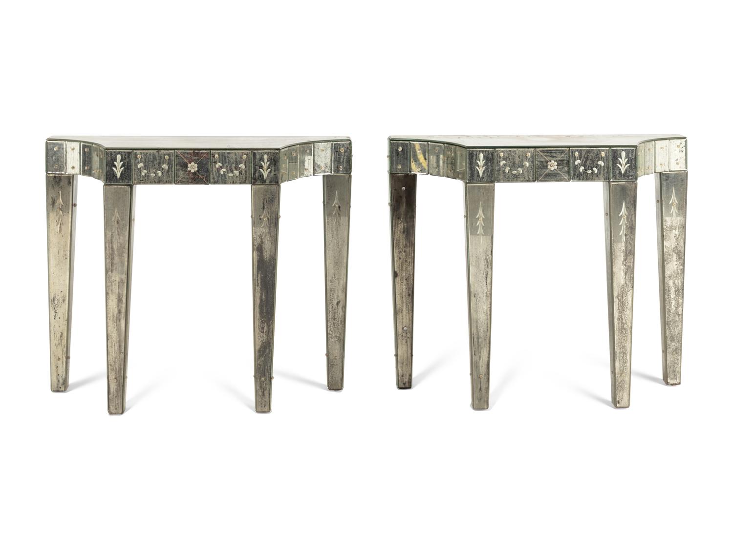 A Pair of Venetian Style Mirror-Veneered Console Tables and Mirrors